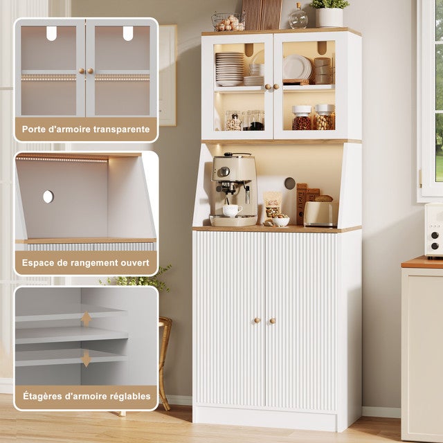 Armoire de Cuisine Colonne 180cm, Buffet avec Éclairage et Étagères Réglables, Plan de Travail et Portes en Verre Transparent, 70x40x180cm - 8