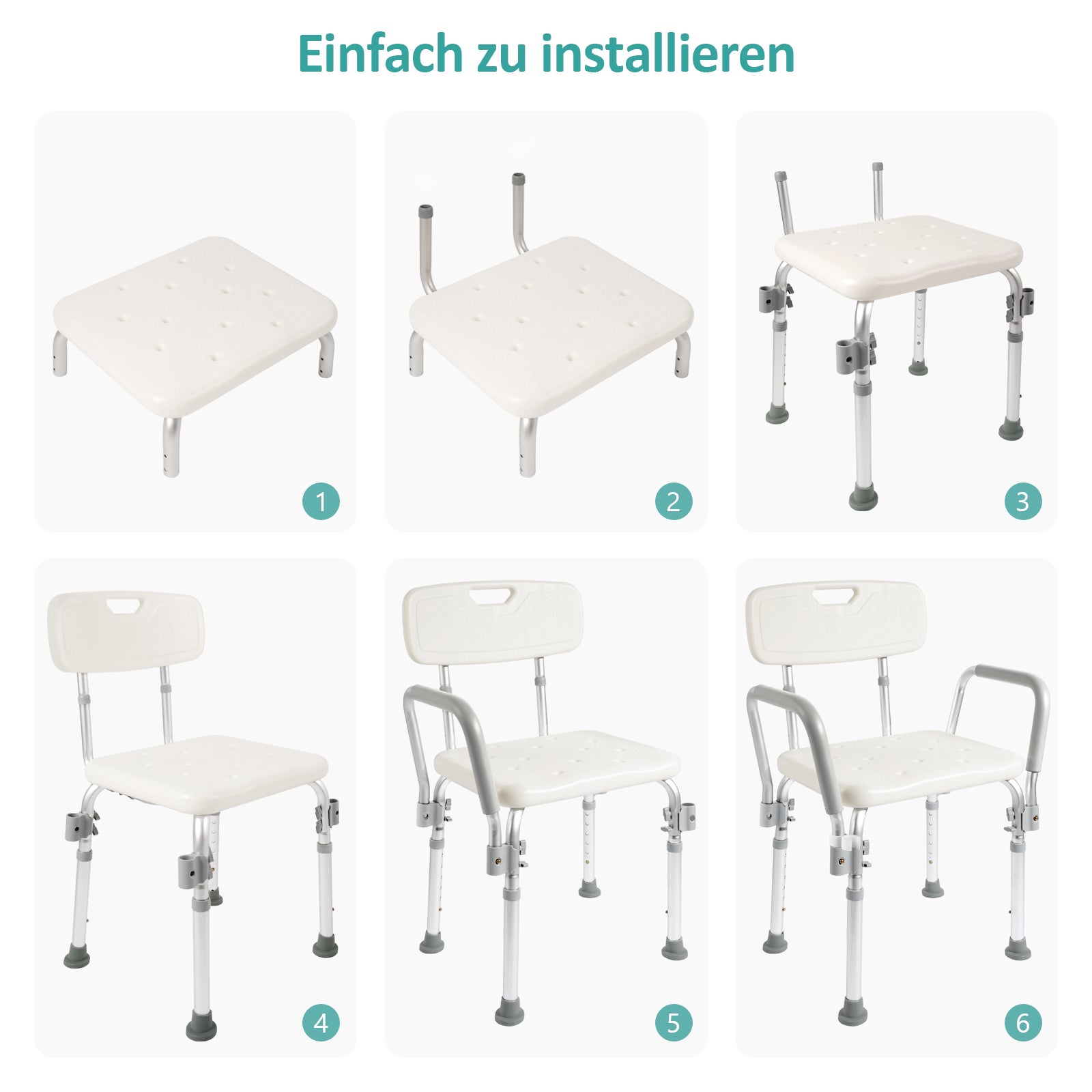EMKE Sedia da doccia con schienale e braccioli, sedile per doccia regolabile in altezza, sgabello da doccia antiscivolo, capacità 135 kg, alluminio - 6