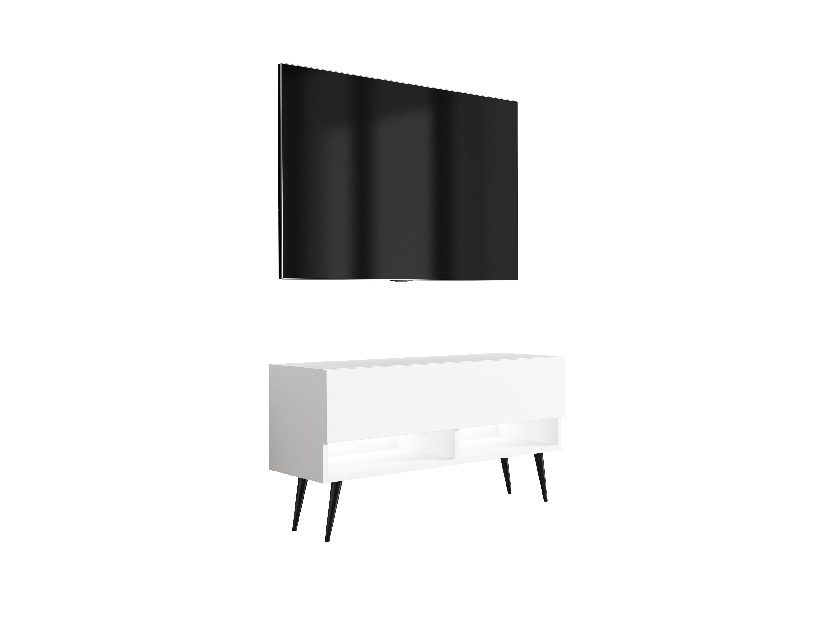 Szafka RTV : Biały Mat, nóżki pochyłe czarne, LED biały, 100 × 32 × 52 cm