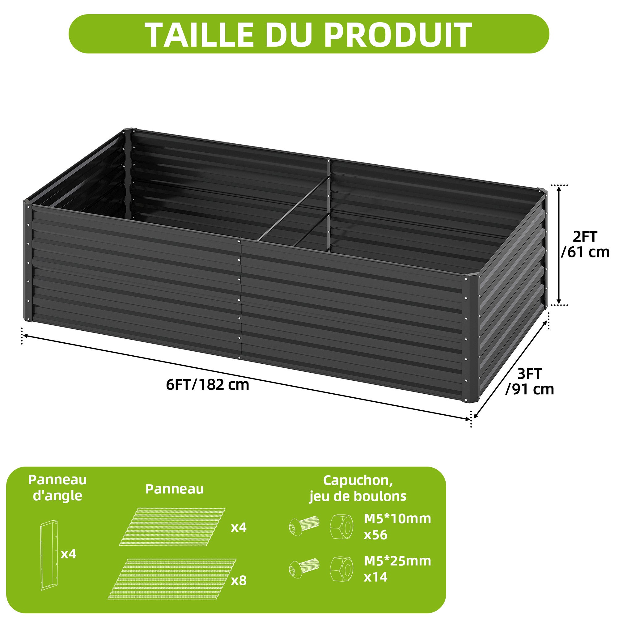 Lot de 2 Carré Potager de Jardin, 180x90x60 cm, Lit Jardinière surélevée, en Métal pour Jardin Forme carrée - 4