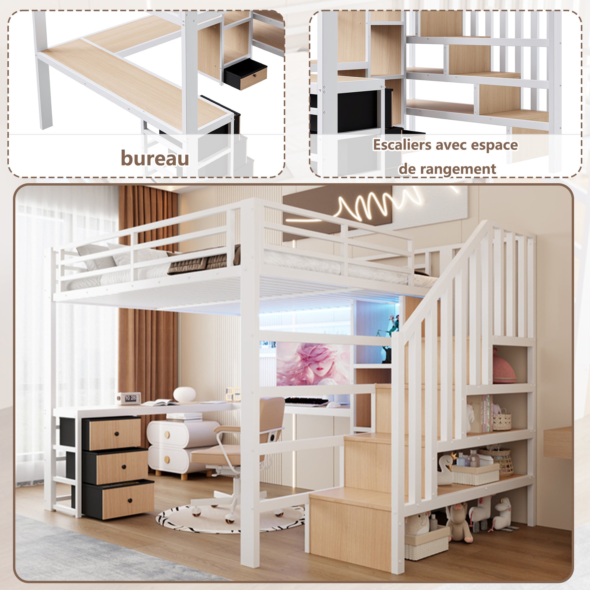 Lit mezzanine 140 x 200 cm avec bureau intégré, Lit adulte structure en fer avec penderie LED, 4 tiroirs et escalier de rangement, sans matelas, Blanc - 3