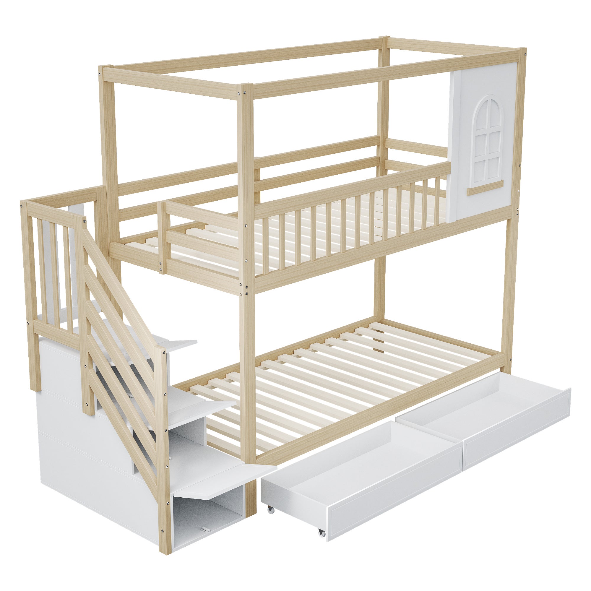 Letto per bambini 90x200cm casa con finestre scala con cassetti barriera sicurezza legno legno naturale (Sem materasso) - 8
