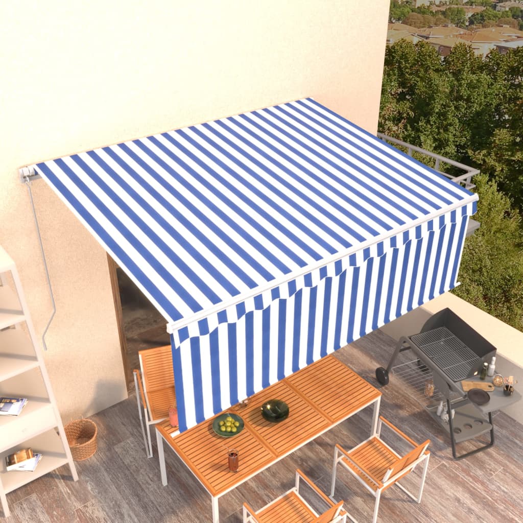 Toldo manual retráctil con persiana, 4x3 m, azul y blanco.