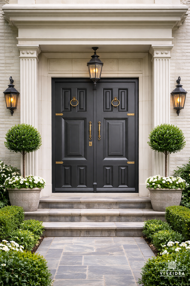 Porte d'entrée double, métallique, artisanale, pour l'extérieur, à deux vantaux, en fer forgé, faite à la main, VIVEIDEA MOD. CASTEL