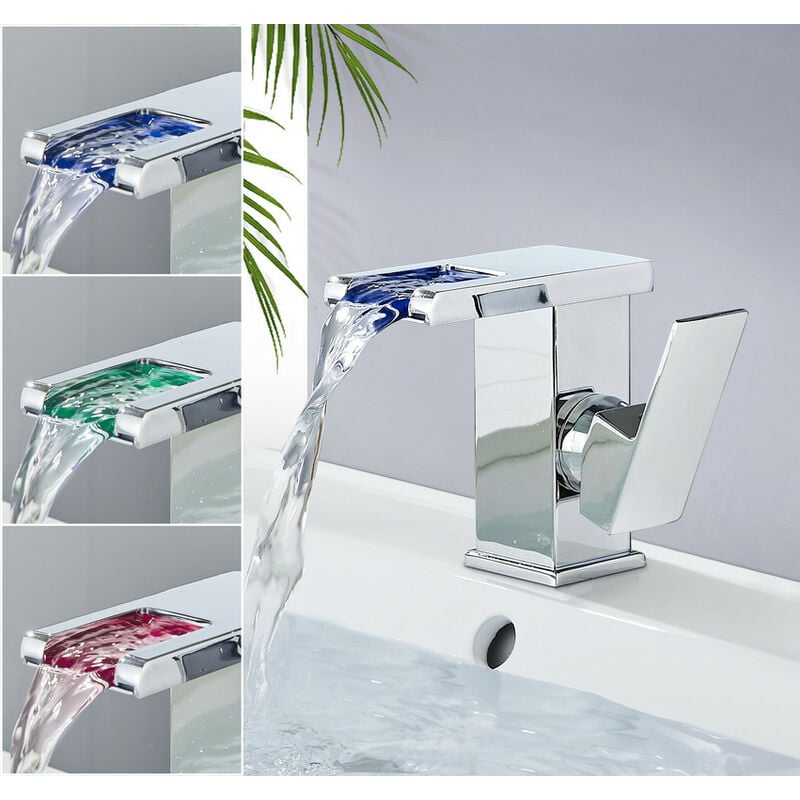 Bateria umywalkowa LED kaskadowa jednouchwytowa – chromowany mosiądz – ciepła i zimna woda, efekt świetlny