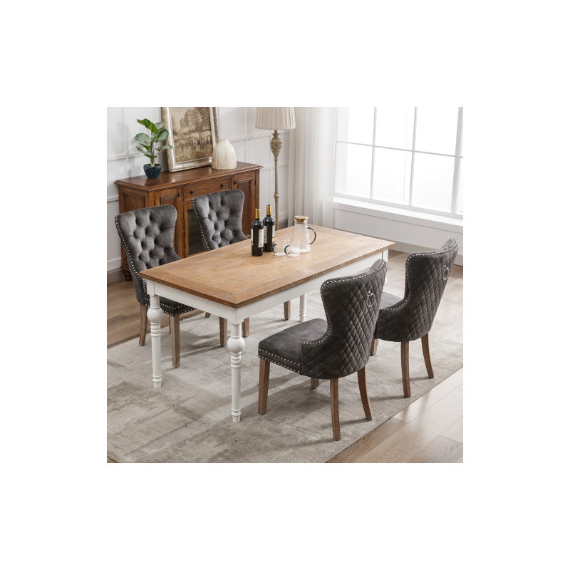 Krzesło do jadalni z szarego aksamitu, nogi z litego drewna, Polsterstuhl z gwoździami i pojedynczą blokadą, zestaw 4 szt.