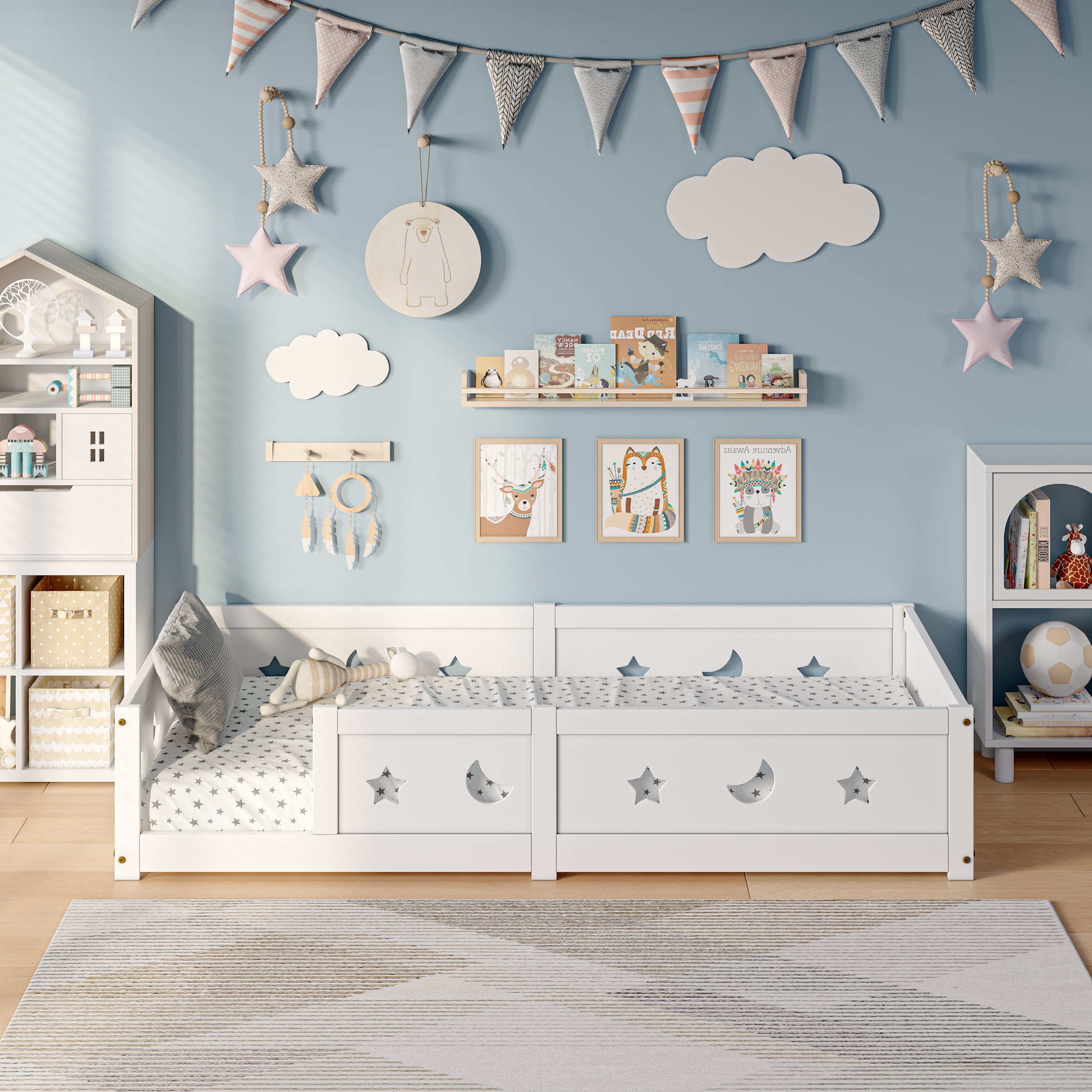 Lit au sol 90x200 cm, lit enfant avec barrière de sécurité, lit 1 personne, lit montessori, moderne, cadre de lit avec sommier, bois massif blanc - 2