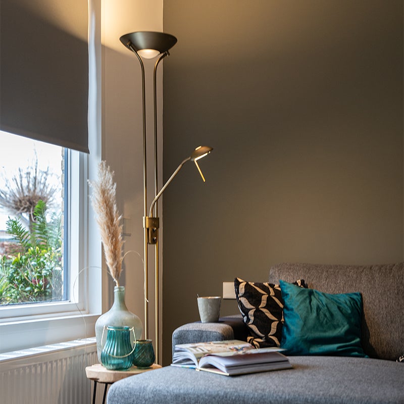Qazqa moderne lampadaire uplighter avec bras de lecture - Diva - bronze, rond, led intégrée 18w incluse, Integrated led, - 2