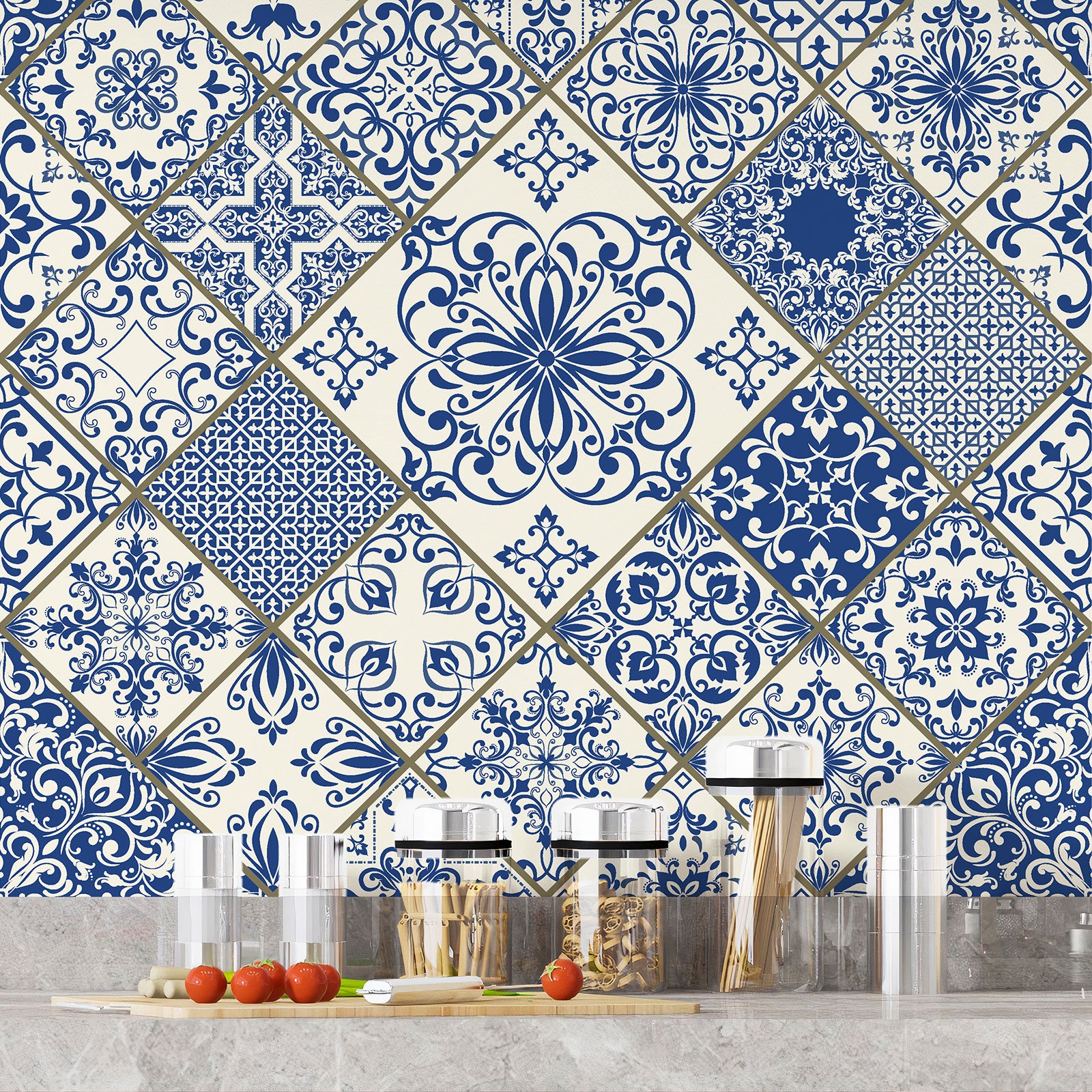 Crédence adhésive sticker décoratif pour cuisine - Effet carreaux de ciment - Adhésif BRILLANT - 60x60 cm - 4