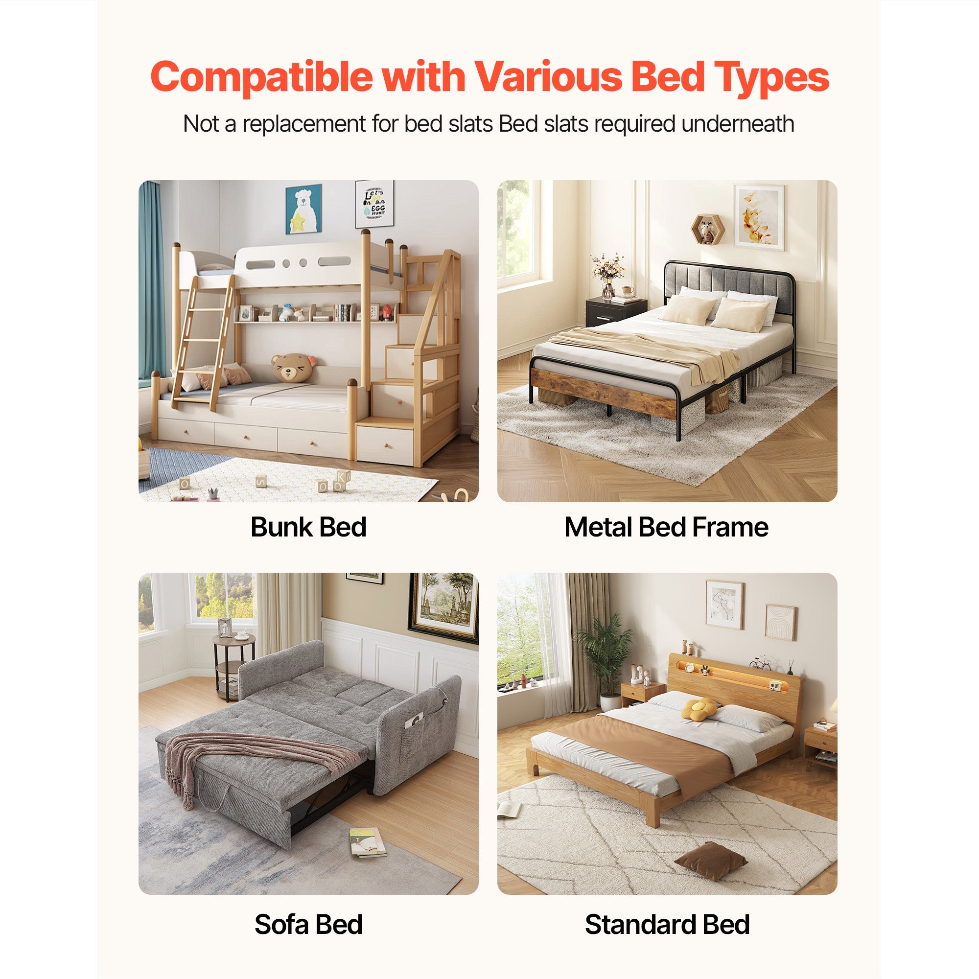 Base de cama dobrável com ripas SucceBuy, 204 x 153 cm, suporte para ...