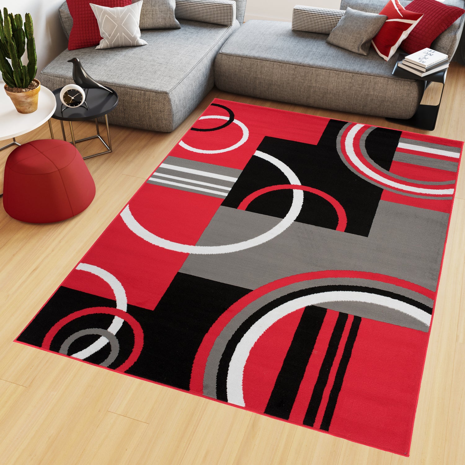 Tapiso maya alfombra de salón sala comedor diseño moderno rojo gris negro blanco geométrico círculos delgada 160 x 230 cm