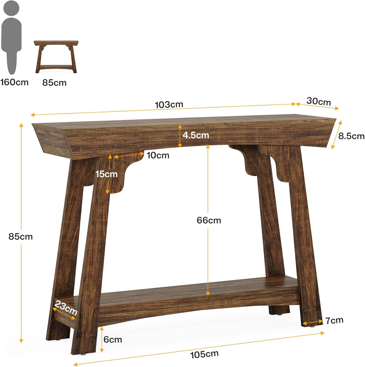 Console Tribesigns 105 cm avec rangement, table d'entrée en bois à 2 niveaux avec étagère, table de canapé étroite de style ferme derrière le canapé - 2