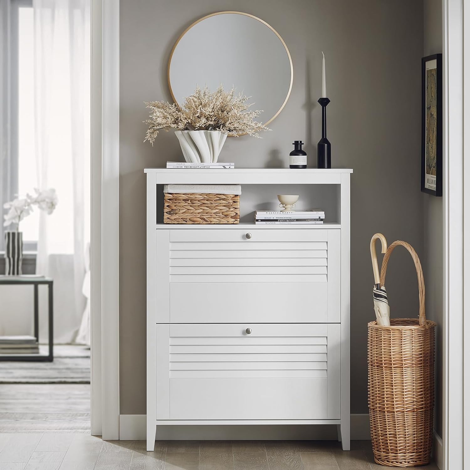 SoBuy Armoire à Chaussures Commode à Chaussures 2 Abattants Meuble de Rangement à Chaussures Meuble d'entrée, FSR152-W - 2