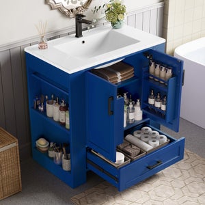 Meuble De Salle De Bain Avec Vasque Intégrée 76x46x87 Cm - Blanc, 1 Porte, 4 Tiroirs, Résistant à L'humidité