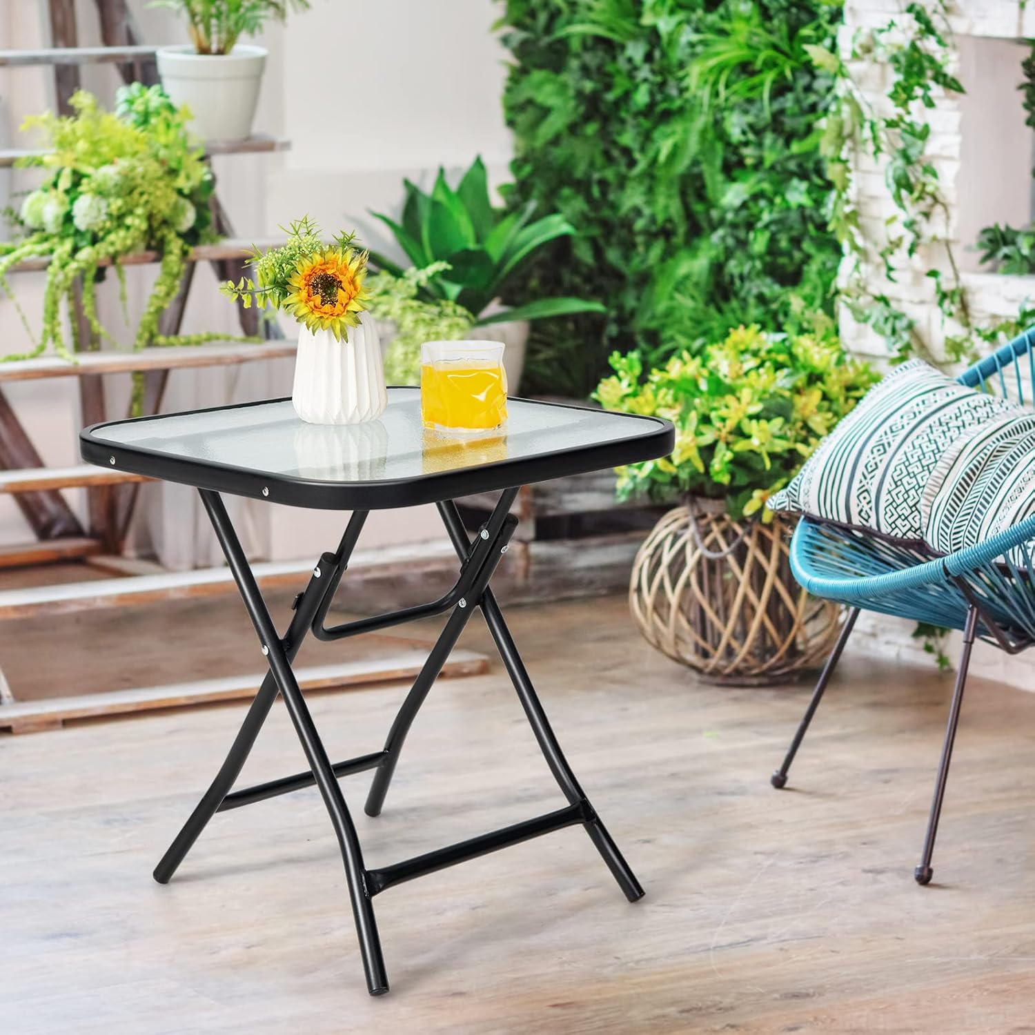 Table de Jardin Bistro Pliante, avec Plateau en Verre Trempé, 46,5x46,5x47,5cm, pour Intérieur et Extérieur Patio Balcon Terrasse, Noir - 7
