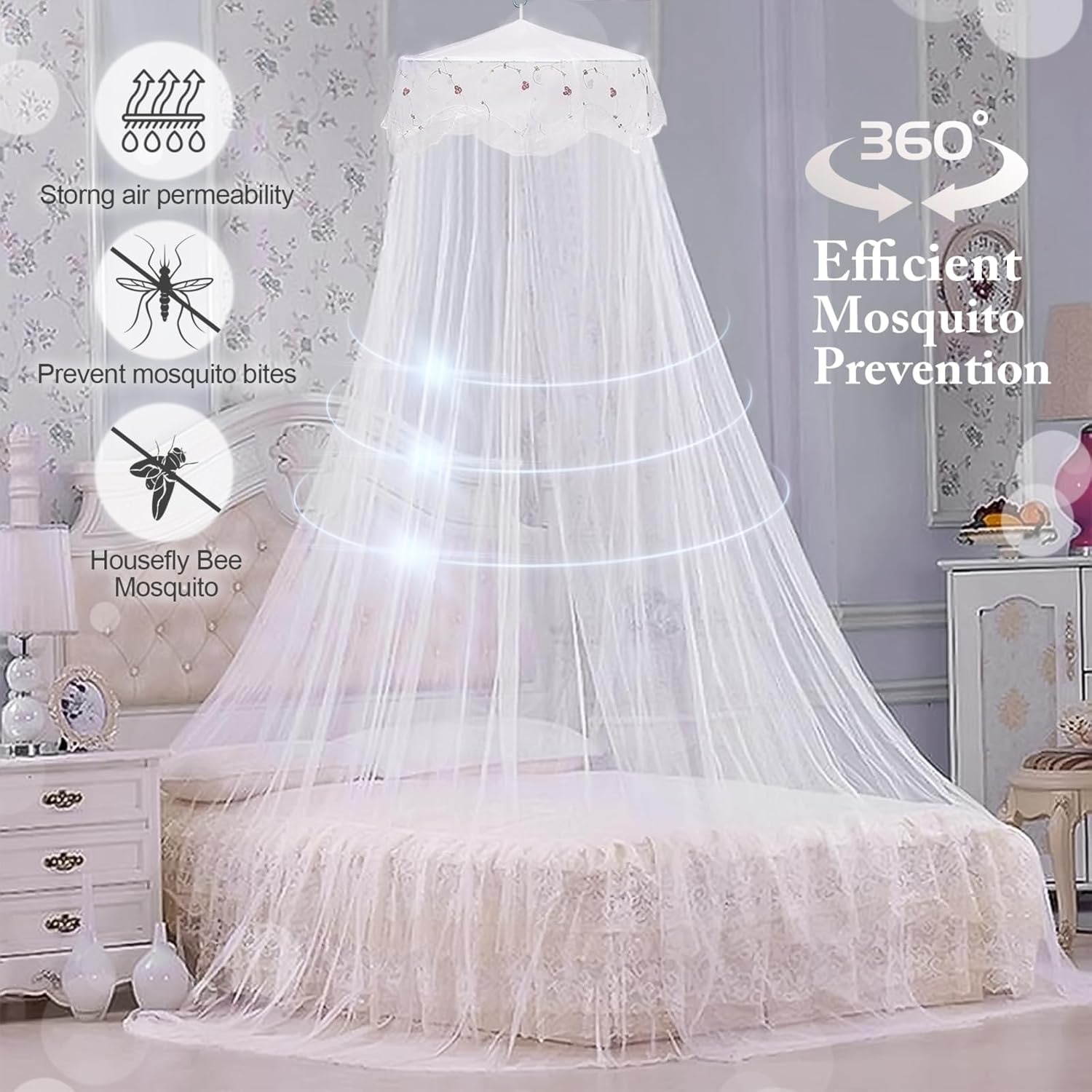 HUOQOU Double couche princesse ronde dôme auvent tente pour filles adultes enfants rêveur moustiquaire mignon chambre décoration château jeu rideau
