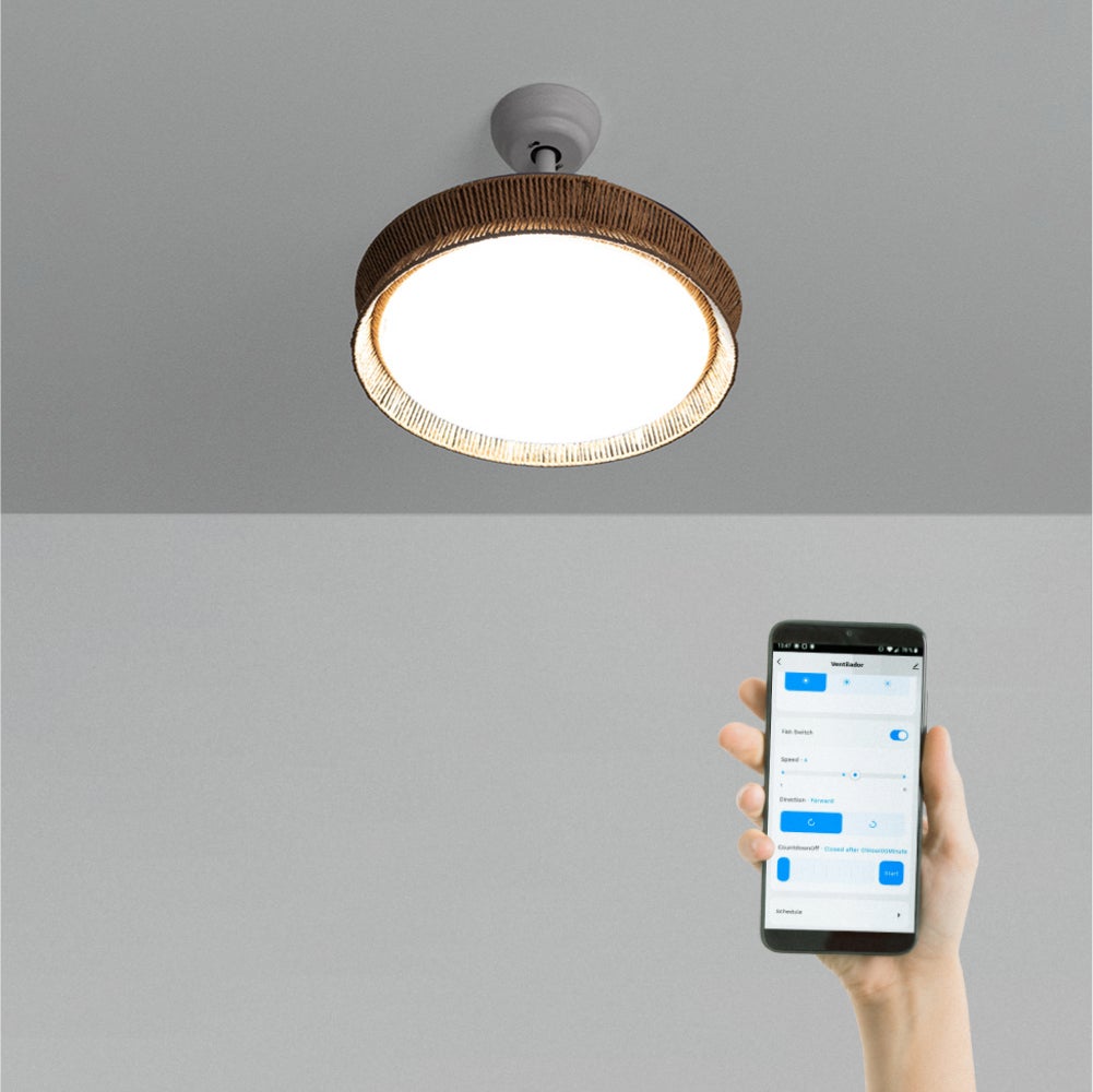 CREATE - WIND CLEAR RATTAN - Cichy wentylator sufitowy o mocy 40 W z wysuwanymi łopatkami o średnicy 108cm i oświetleniem LED 36W -
