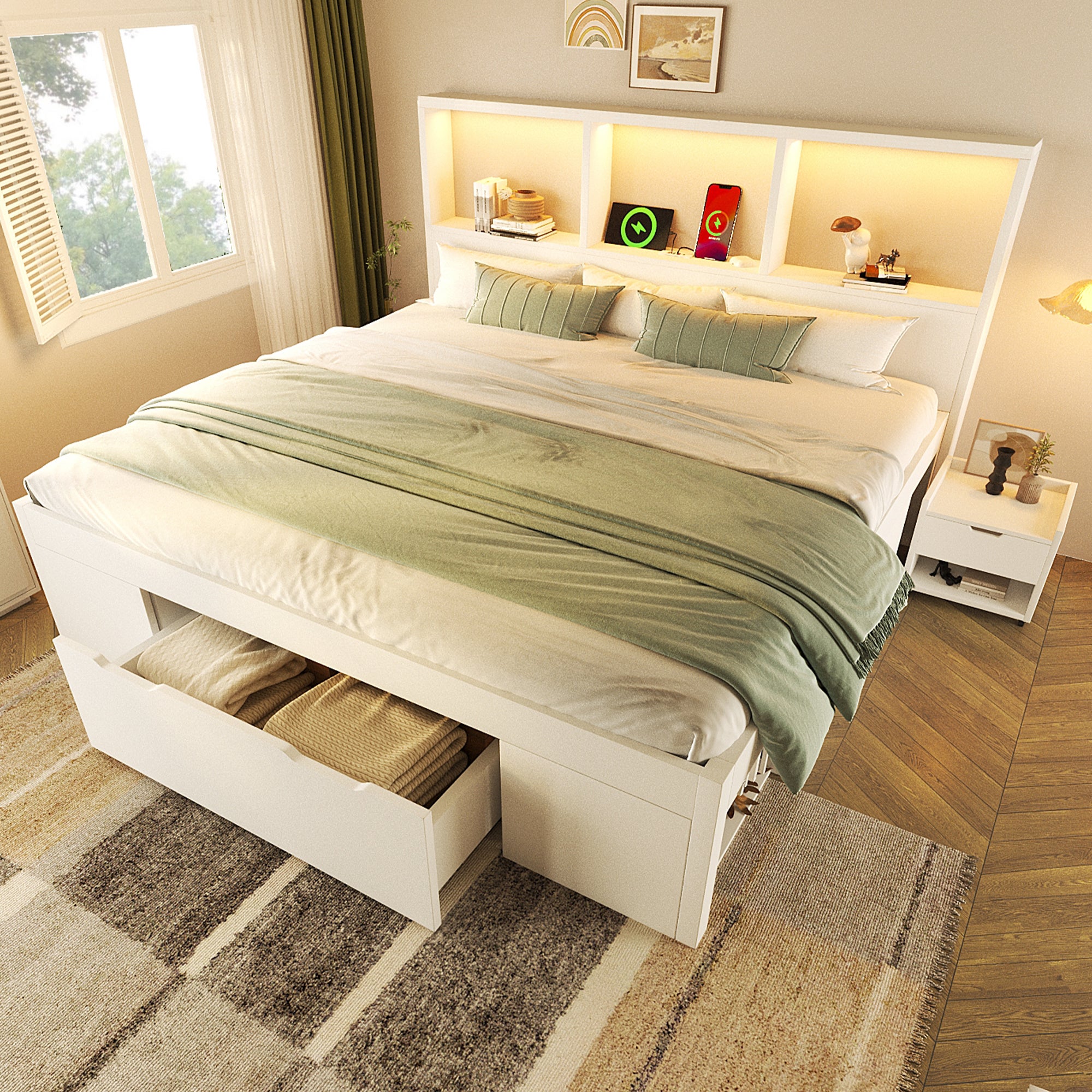 Łóżko Podwójne 140x190 cm Białe z Schowkiem, Stelażem Listwowym, Oświetleniem LED, USB-C i Ruchomą Szafką Nocną