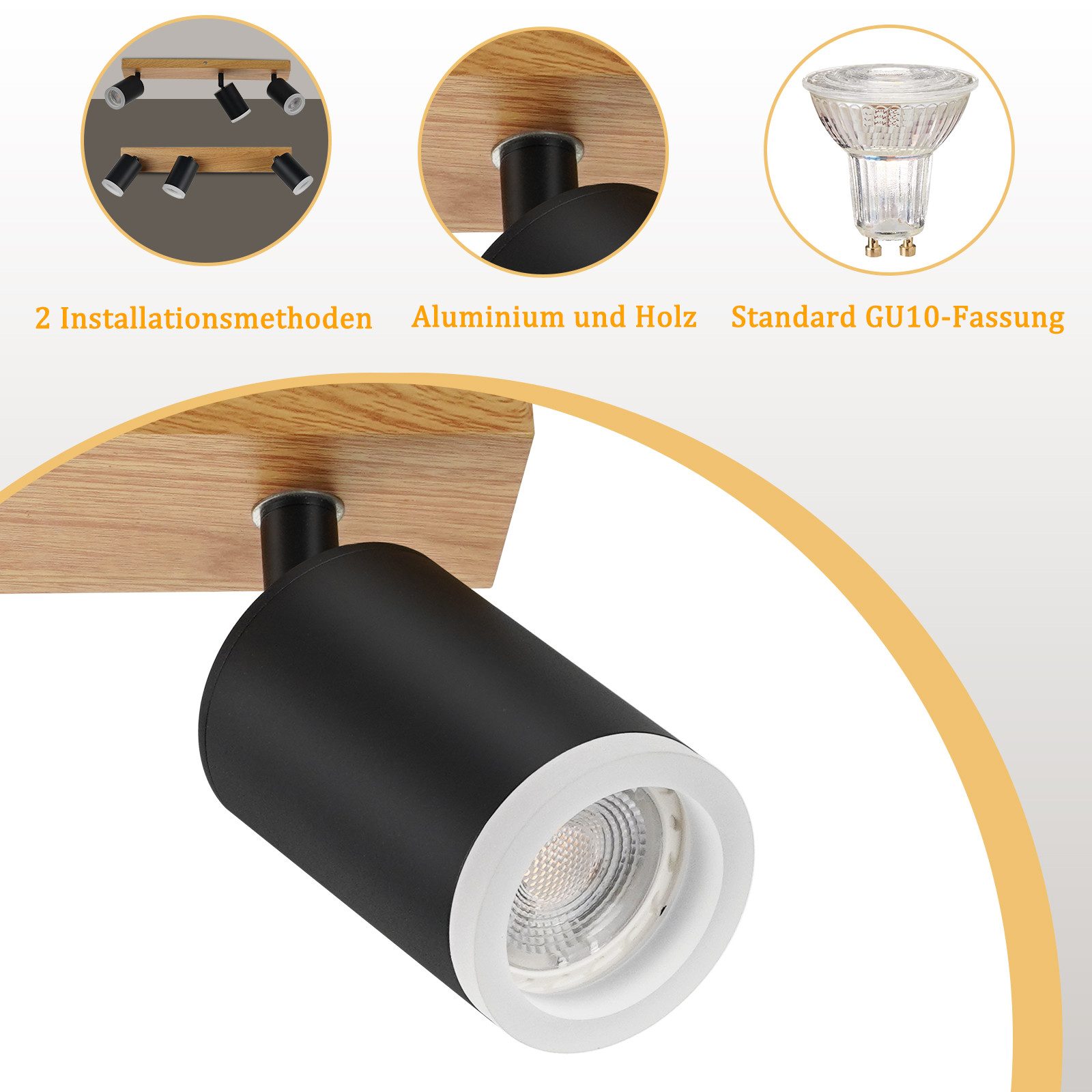 NETTLIFE Spot de plafond spots de plafond noirs lampe de cuisine GU10 spot mural en bois vintage pivotant sans ampoule orientable à 350° - 6