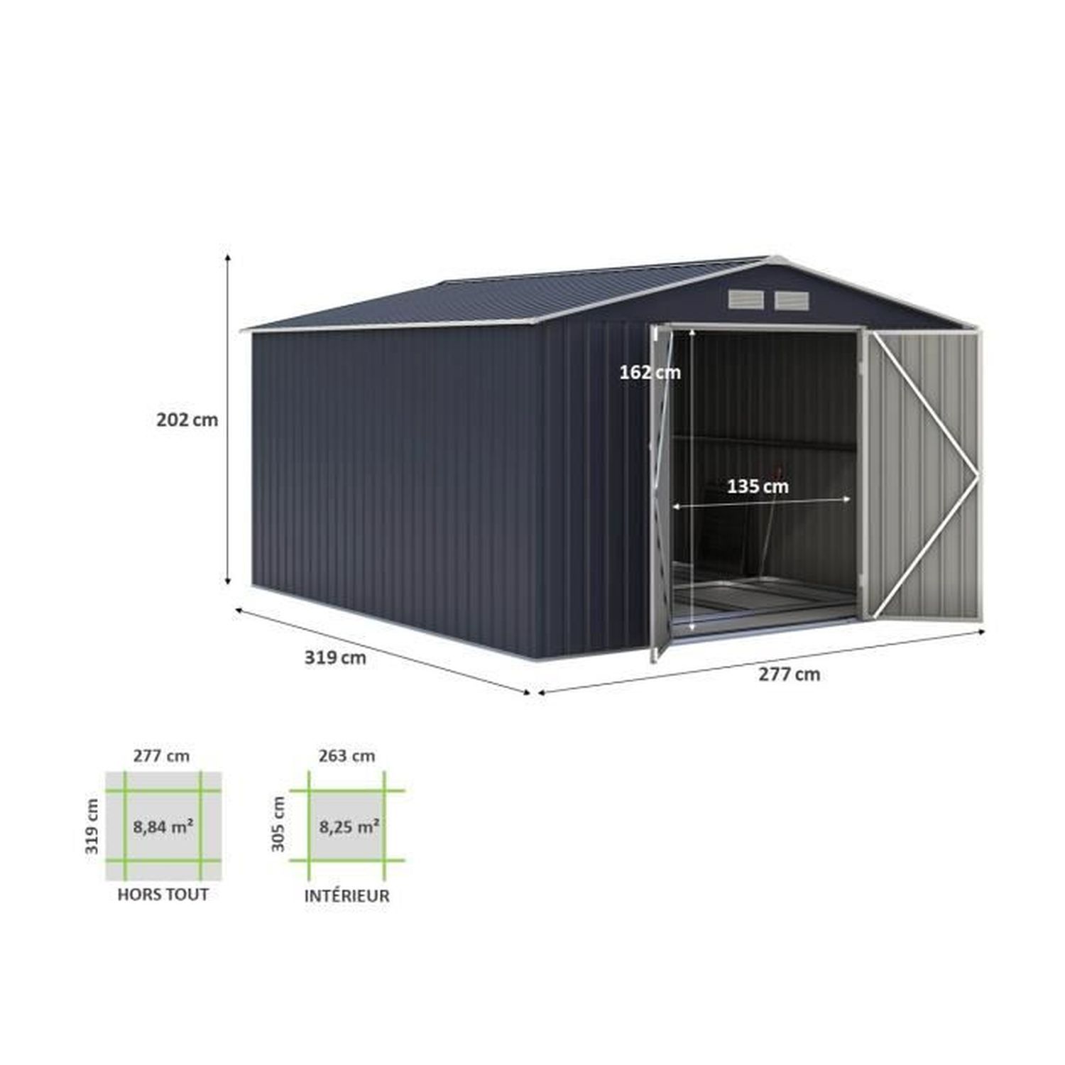 Abri de jardin en métal 8,84 m² - 277 x 319 x 202 cm - Kit d'ancrage inclus - Gris - Youdoit - 3