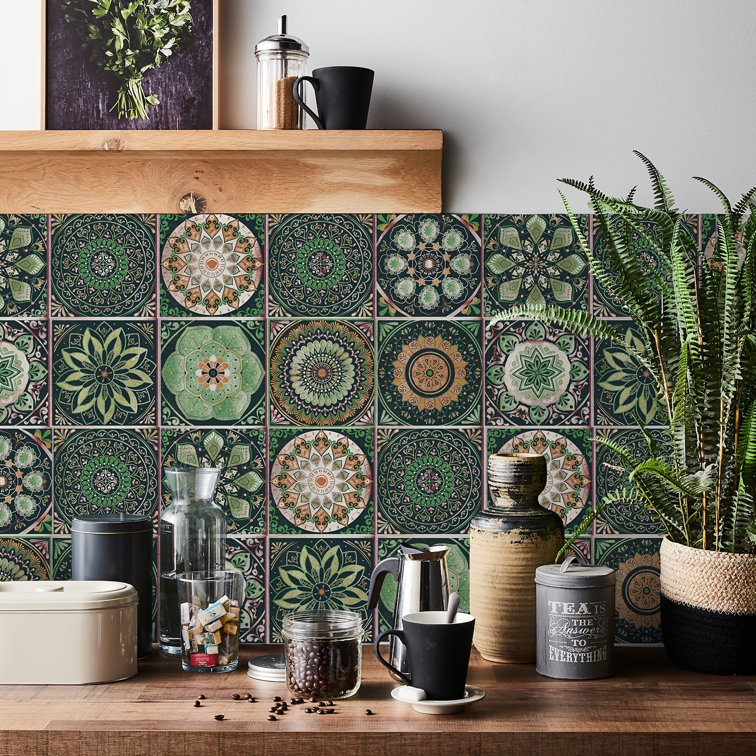 Autocollants de carreaux Mandala DIY, 24 pièces, autocollants imperméables, décoration murale rectangulaire pour cuisine et salle de bain - 8
