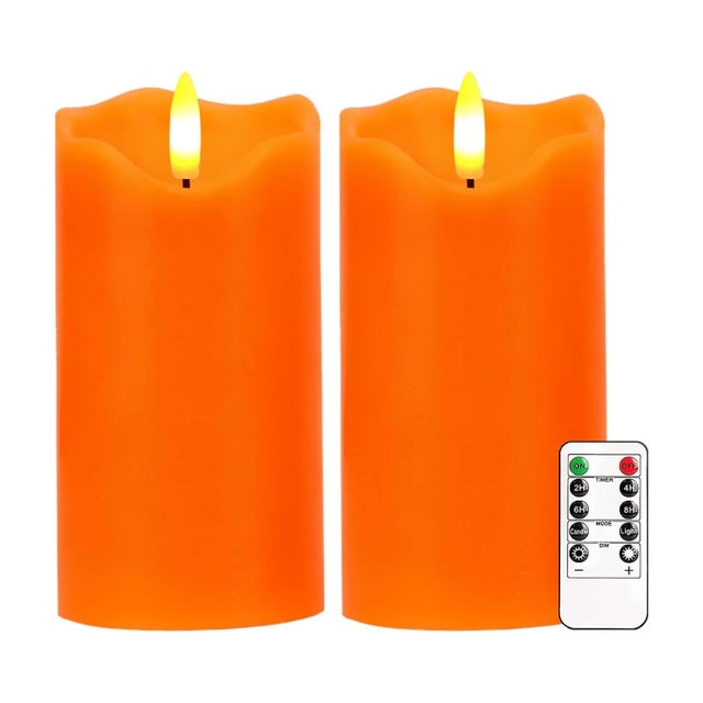 Lot de 2 bougies LED sans flamme avec télécommande et minuterie, intensité variable, piles, orange pour l'automne, Halloween, Thanksgiving, décoration