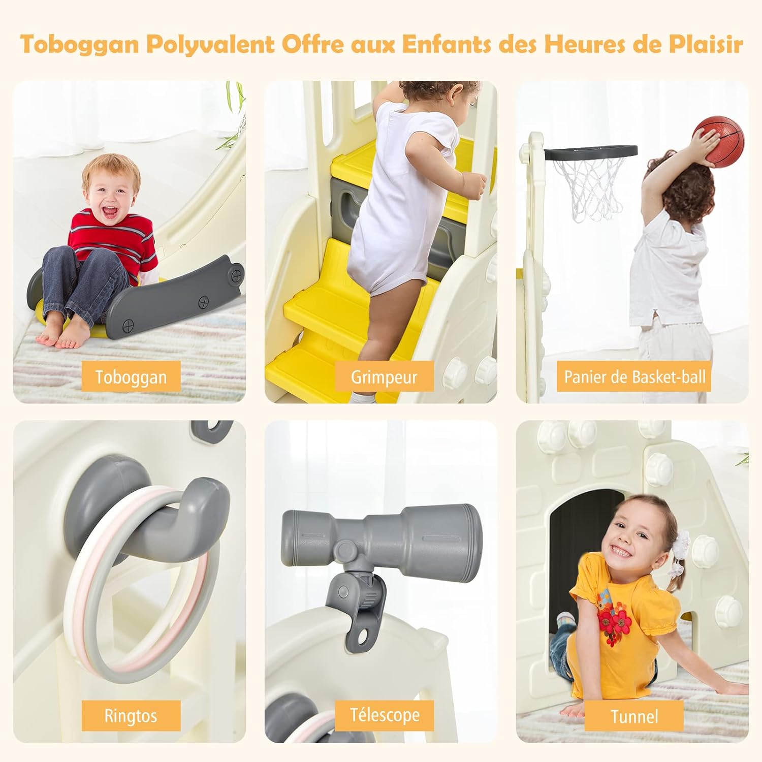 Toboggan 6 en 1 pour Enfant - Glisse de 140 CM,Aire de Jeux Extérieure 3-8 Ans, Jaune - 4