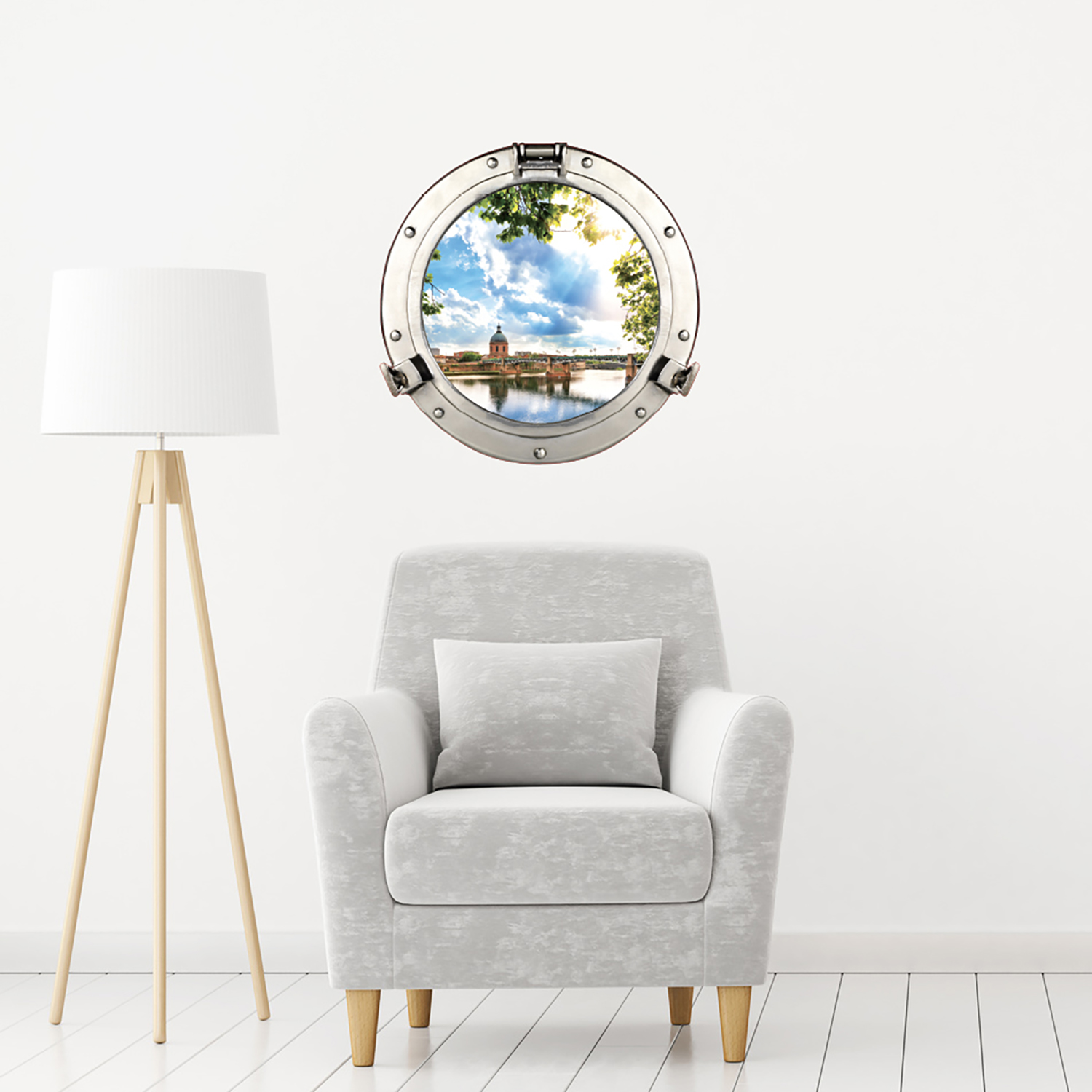 Ventana de pegatina decorativa en el efecto trompe l 3d efecto, paraíso junto al río con vista a un pueblo típico en ladrillo rojo, 60 cm x 75 cm