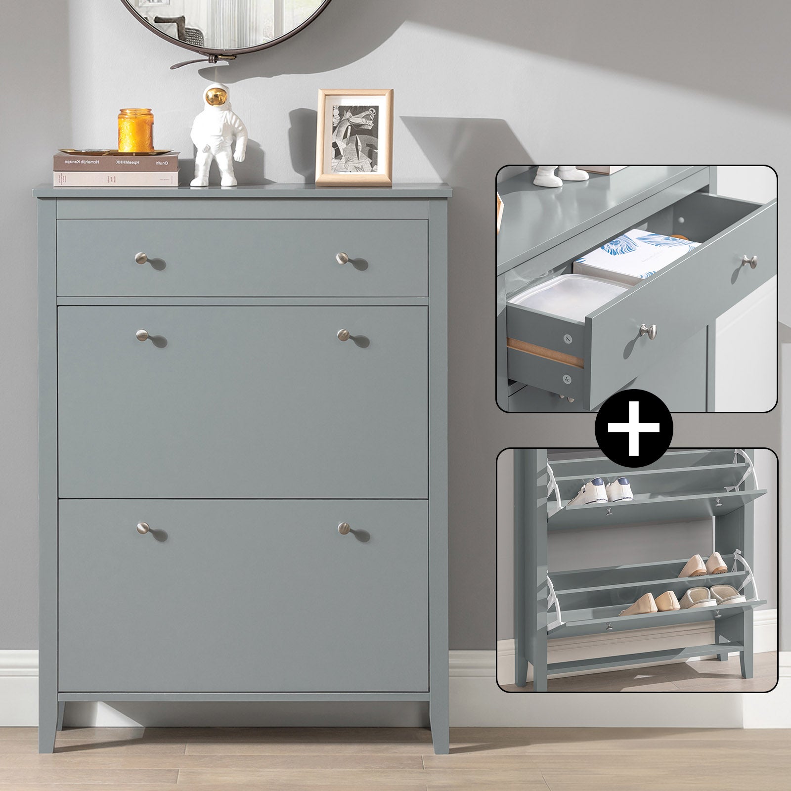 SoBuy Meuble à Chaussures Armoire à chaussures avec Un Grand Tiroir, 2 abattants, 12 Paires, Gris, FSR89-HG - 8