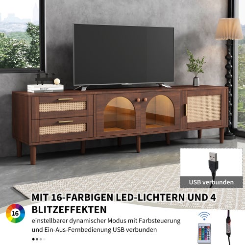 Meuble Tv 180cm Avec 2 Tiroirs éClairage Led 2 Portes VitréEs Et 1 Porte En Rotin Stockage ,Brun - 6