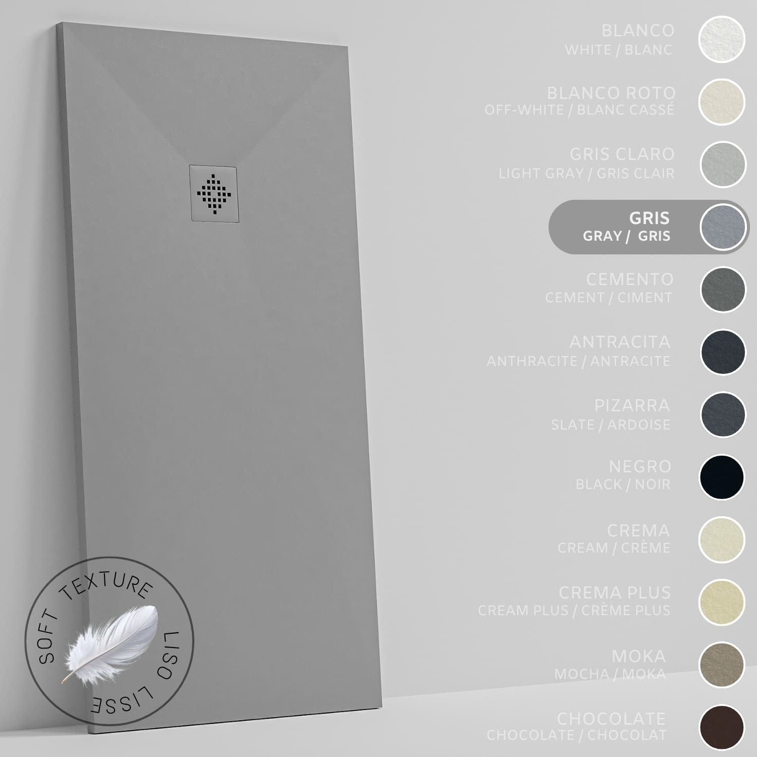 Plato de ducha - resina - gel coat - textura liso seda - antideslizante - color gris - 110x75- extraplano 3cm. rejilla mismo color