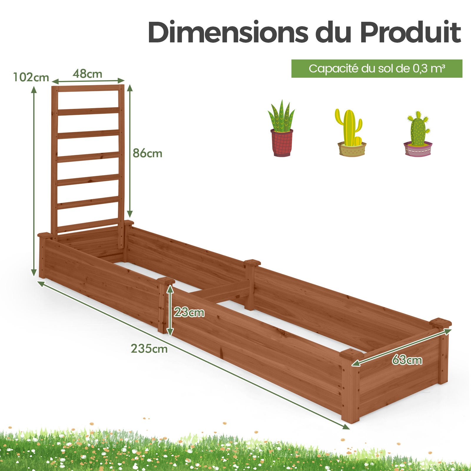 Jardinière avec Treillis en Bois avec Base Ouverte, 2 Bacs à Fleurs Extérieur pour Plante Grimpante, Lit de Jardin Surélevée, Marron - 4