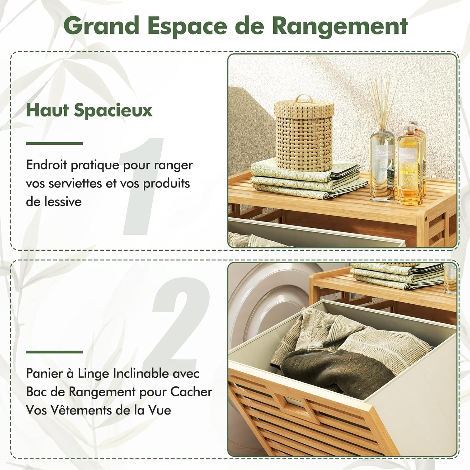 Panier à Linge en Bambou, 2 Compartiment, Meuble Linge Placard 68 L, Panier à Linge Amovible, Sac à Doublure Amovible, Meuble Linge Sale - 4