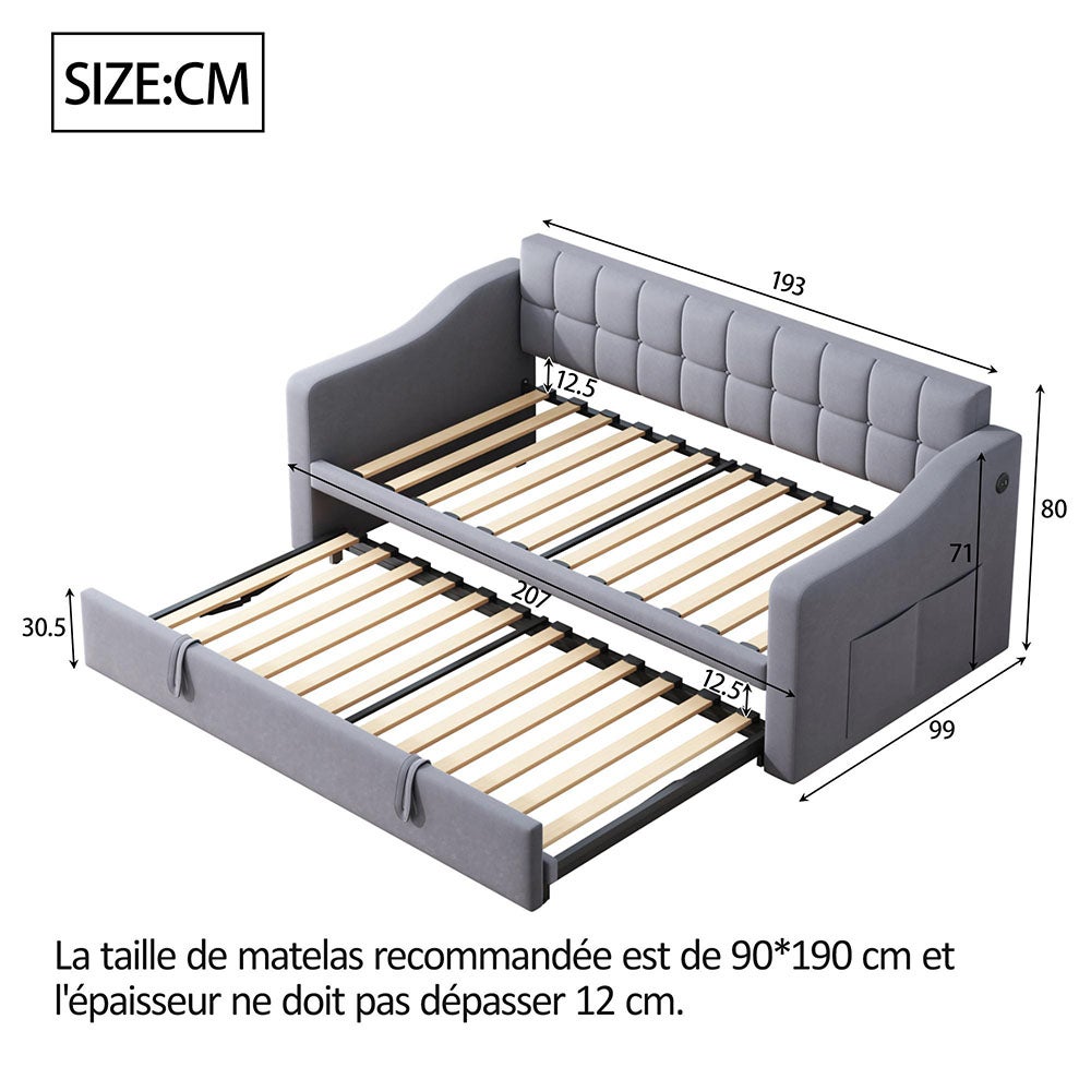 Lit adulte Lit rembourré Canapé-lit 2 en 1 Canapé-lit multifonction 90/180 avec prise de courant et sac de rangement gris en velours - 7