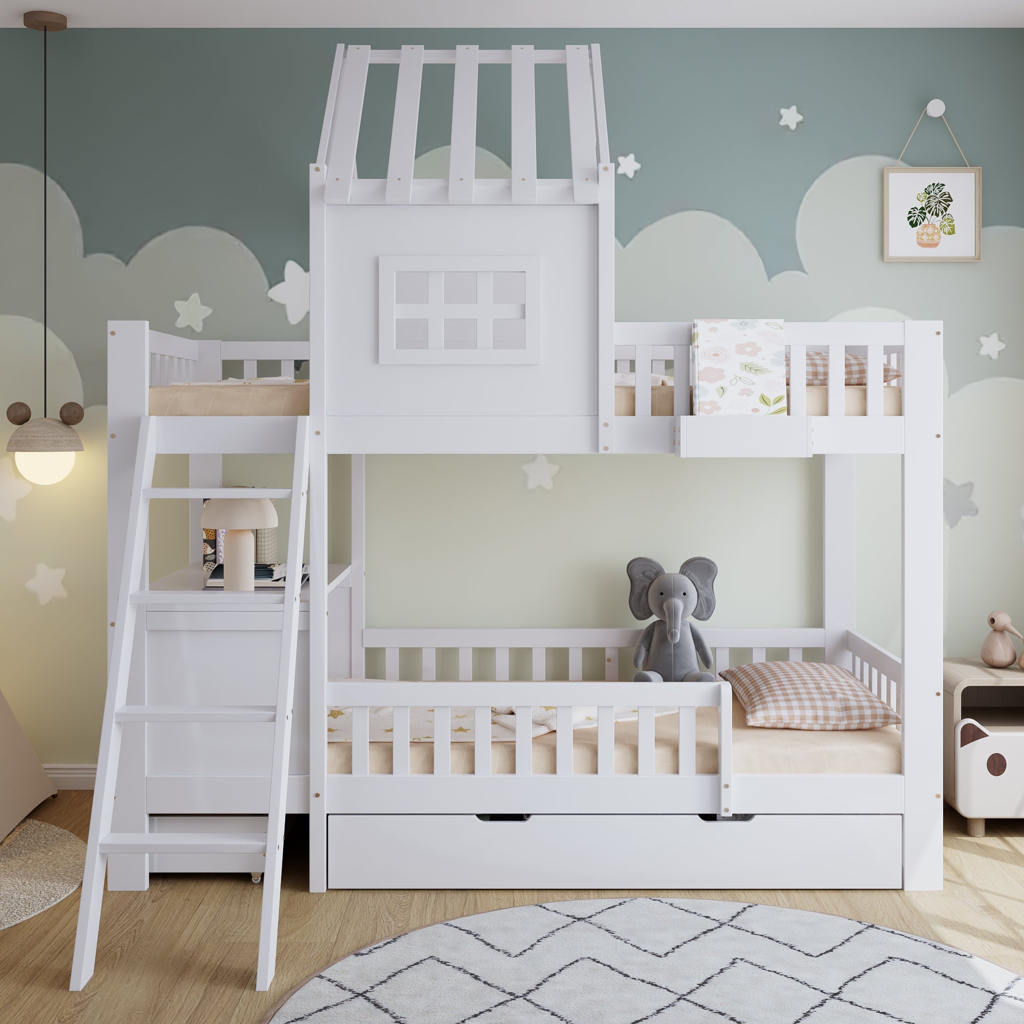 Letto a castello, letto per bambini, due cassetti con rotelle, tetto e finestra attraenti, bianco, 90x200cm - 3