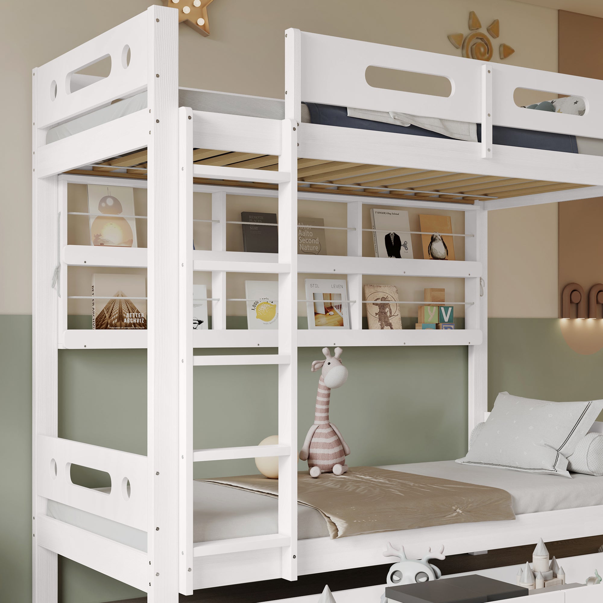 Lit superposé 90x200 cm - avec 2 tiroirs - avec des étagères ouvertes - Bois massif + MDF - Blanc (sans matelas) - 3