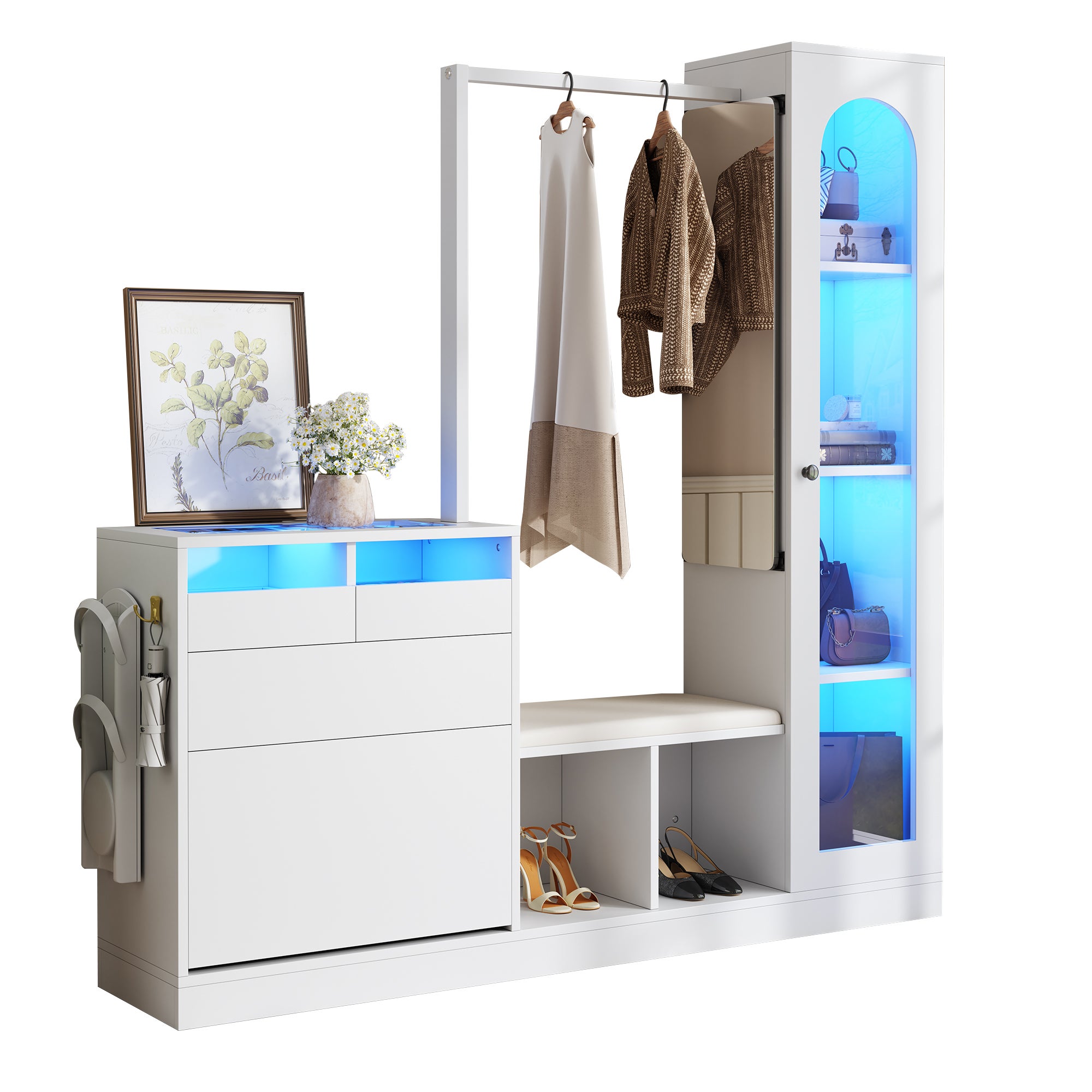 Mueble de entrada 6 en 1: armario, tocador con barra, banco zapatero plegable y vitrina led de cristal con luz variable.