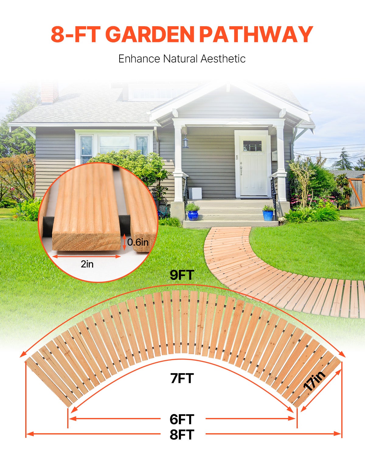 Allée de jardin en bois,VEVOR 8 pi x 17 po,cèdre incurvé antidérapant,connexion par câble,chemin décoratif extérieur pour cour - 2