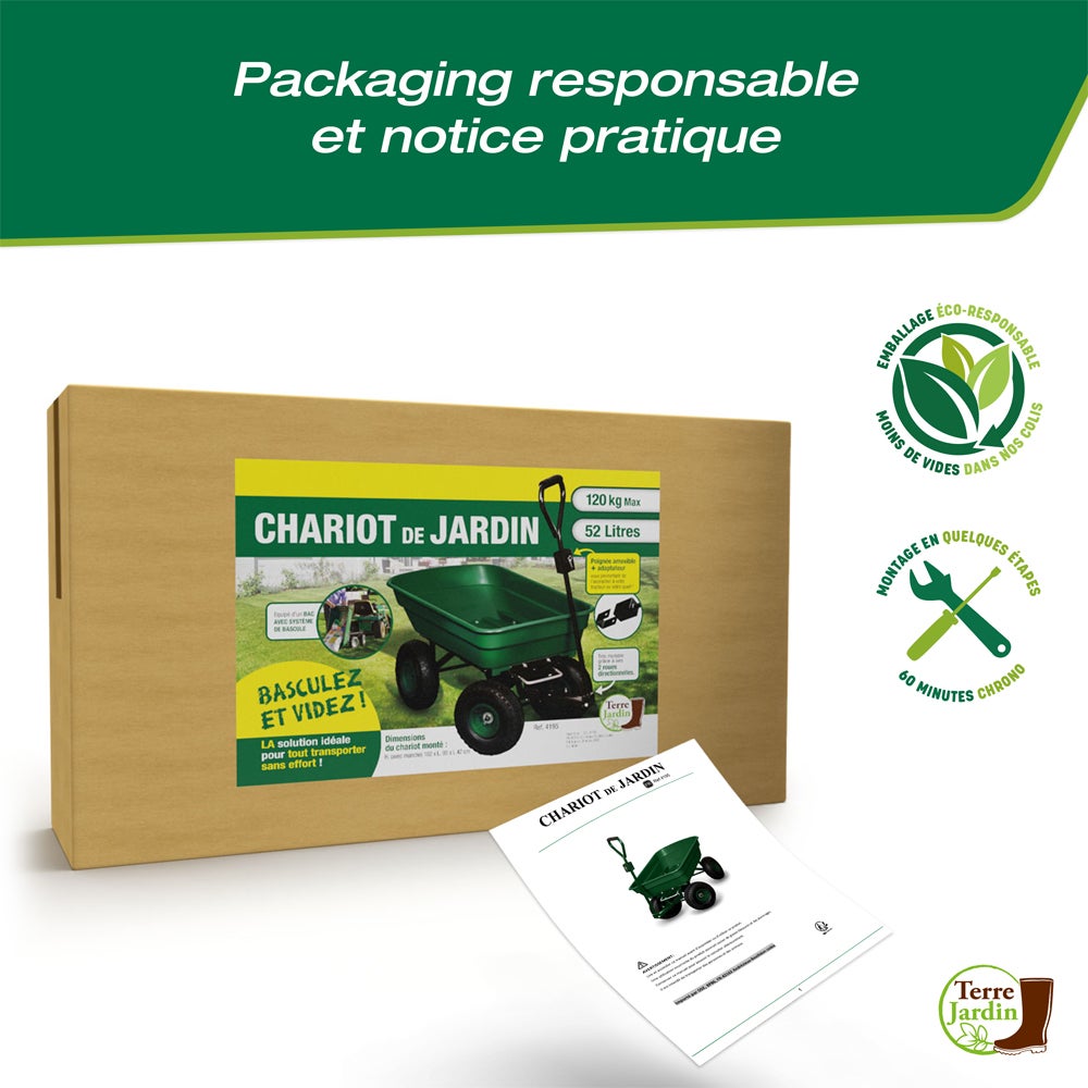 Chariot de Jardin 4 Roues 120 kg - Bac Bascule 52L avec Poignée Amovible - 7