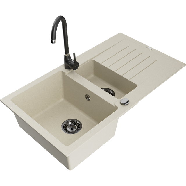 Mexen Matias évier en granit 1,5 bac avec égouttoir et robinet de cuisine Telma, beige - 6502-69-670200-70