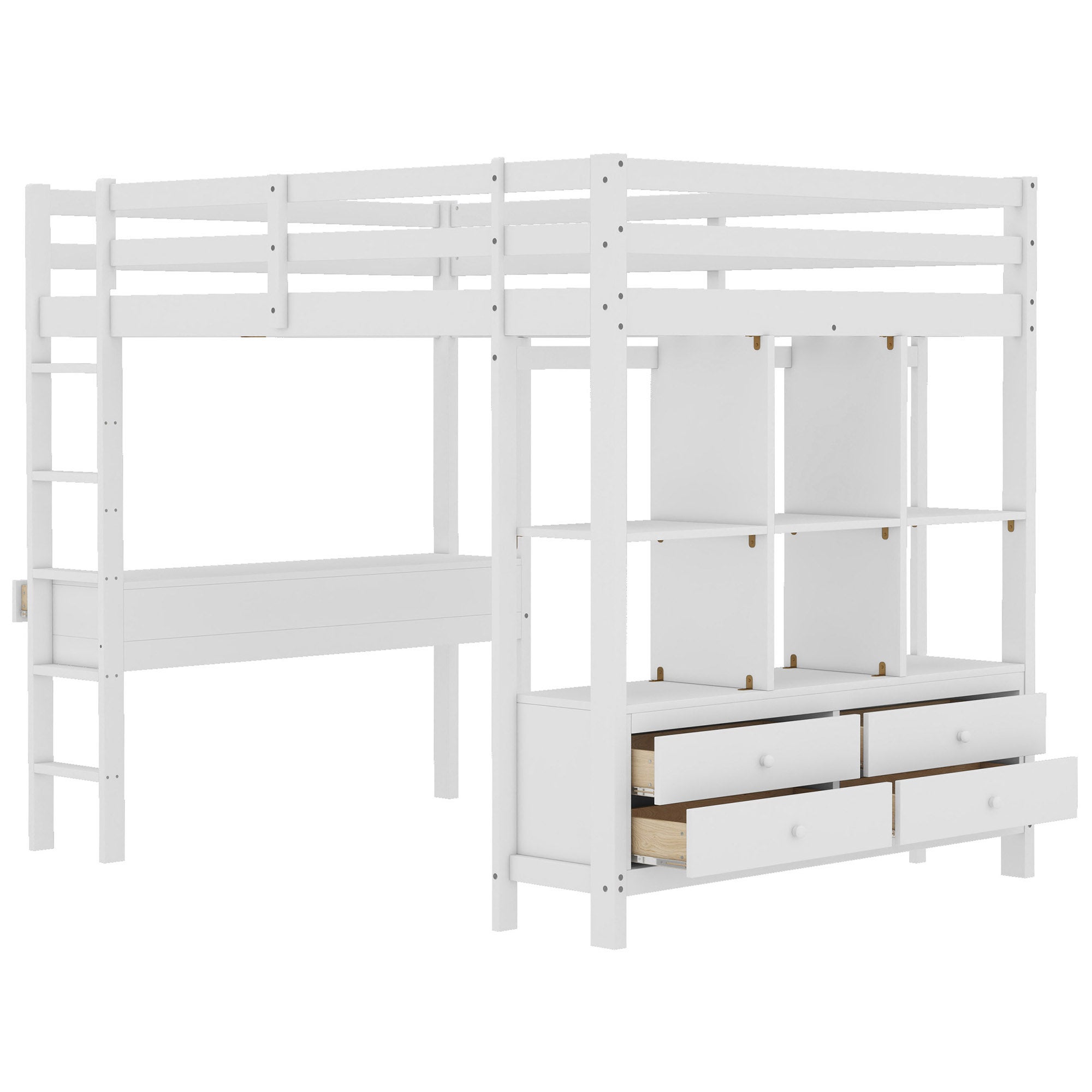 Letto a soppalco, letto a soppalco per bambini 140 x 200 cm con cassetti contenitore e scrivania sotto il letto, senza materasso, bianco - 7