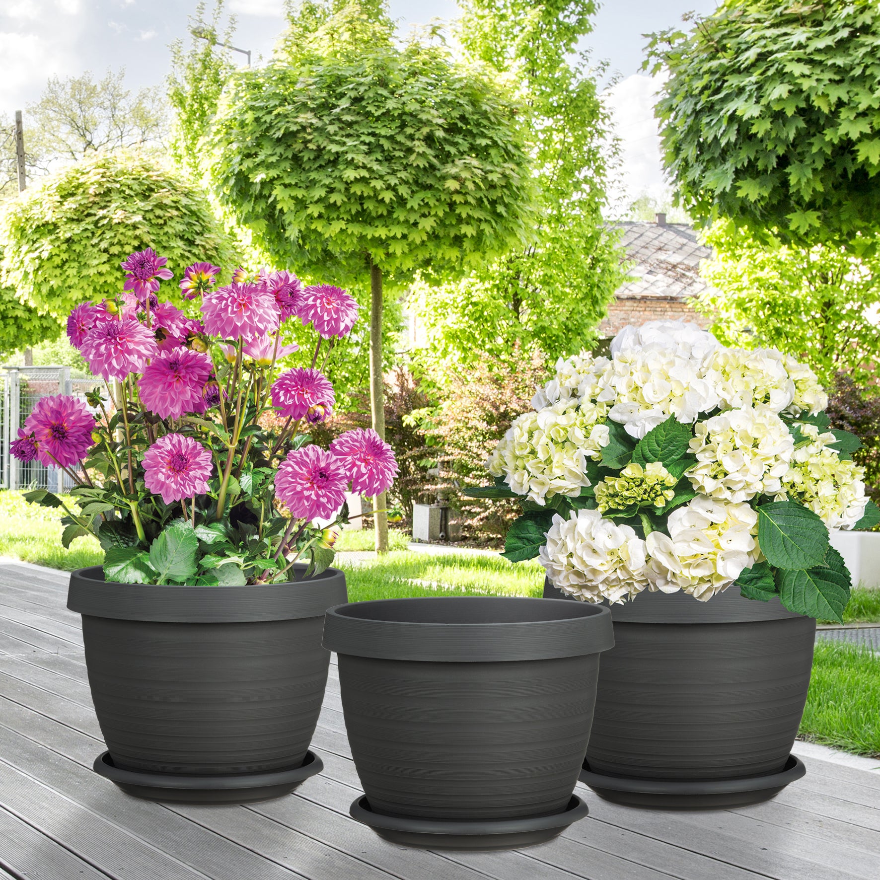 Scheurich Set de 3 pots à fleurs Country Star 40 avec soucoupes, en plastique coloris: Metallic Grey, 39 cm de diamètre, 30 cm de hauteur, 21,5 l vol. - 3