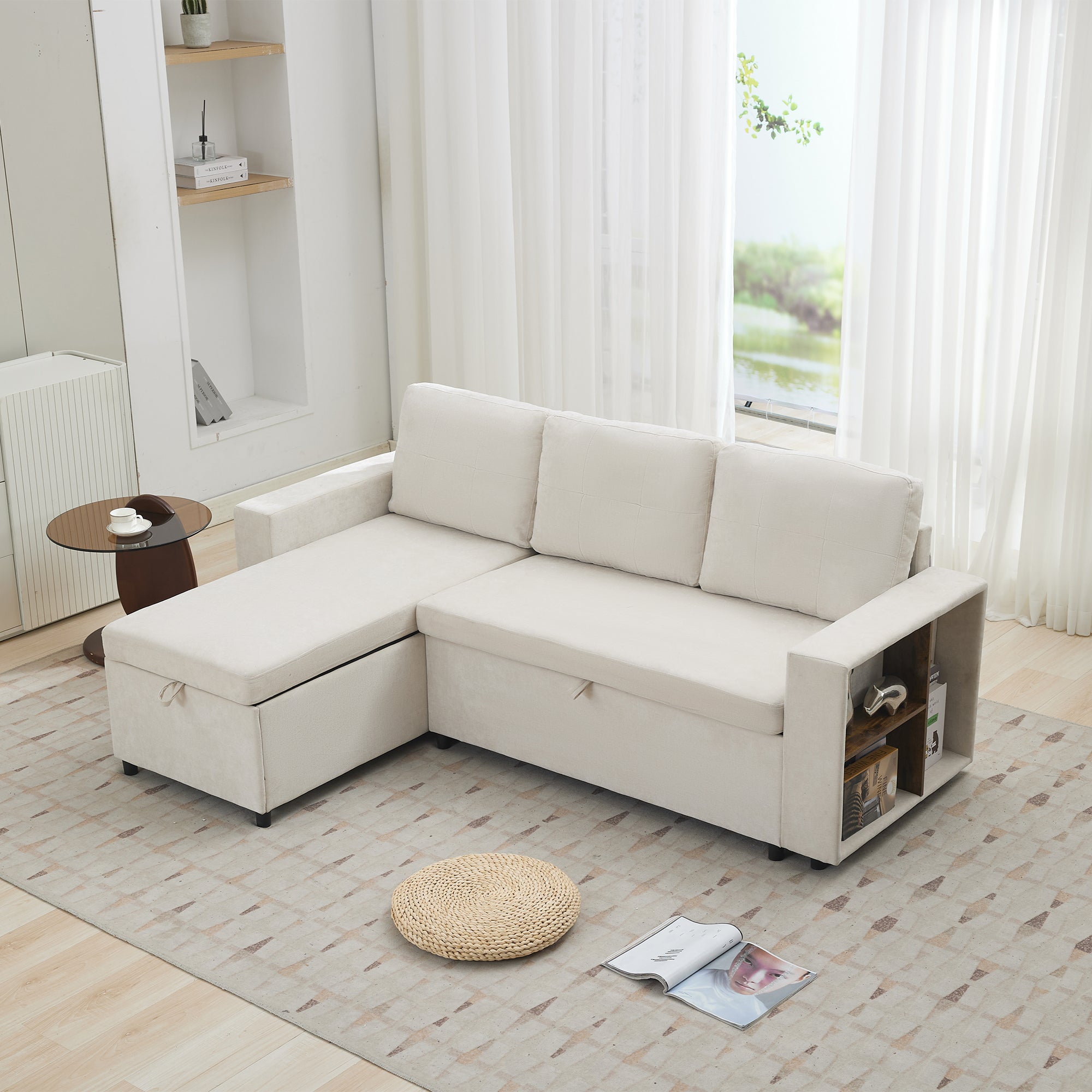 Narożnik 3-osobowy 202 x 136 x 85 cm ze schowkiem, odwracalnym szezlongiem i półkami w podłokietnikach – Chenille – Beżowy - 5