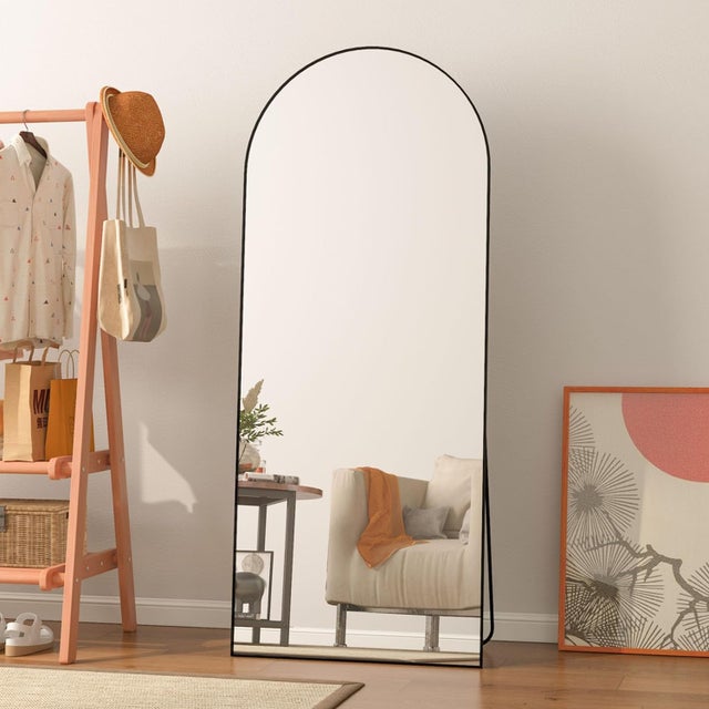 Miroir pleine longueur 165 x 60 cm, miroir de sol avec cadre en aluminium, miroir sur pied arqué lisse, noir