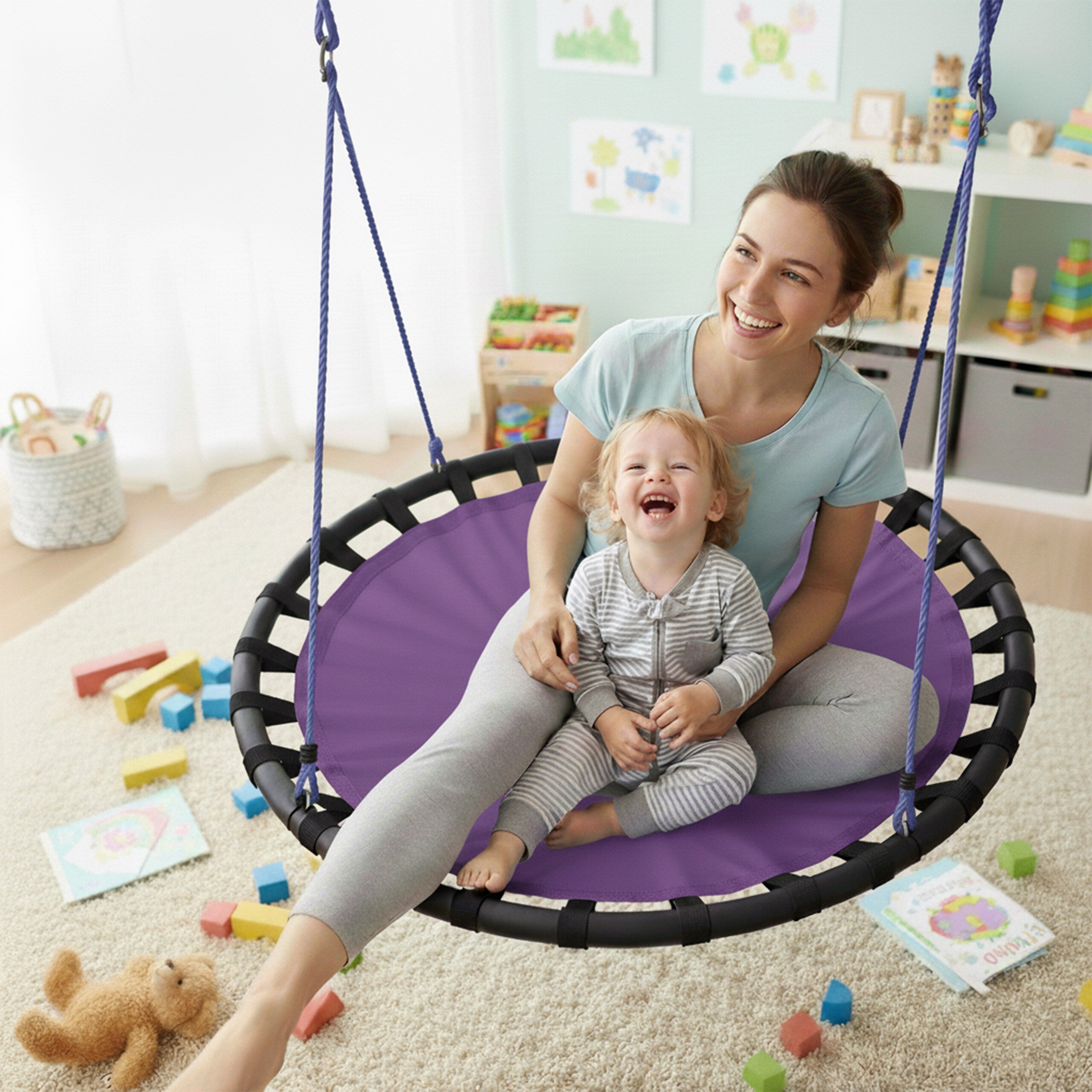 Balançoire nid d'oiseau rond 80 cm à suspendre panier enfant adulte jardin extérieur 100 kg, violet, Relaxdays - 3