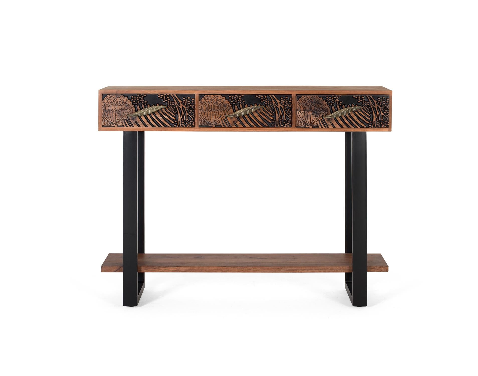 Konsola z drewna akacjowego barwionego na kolor naturalny i metalu
