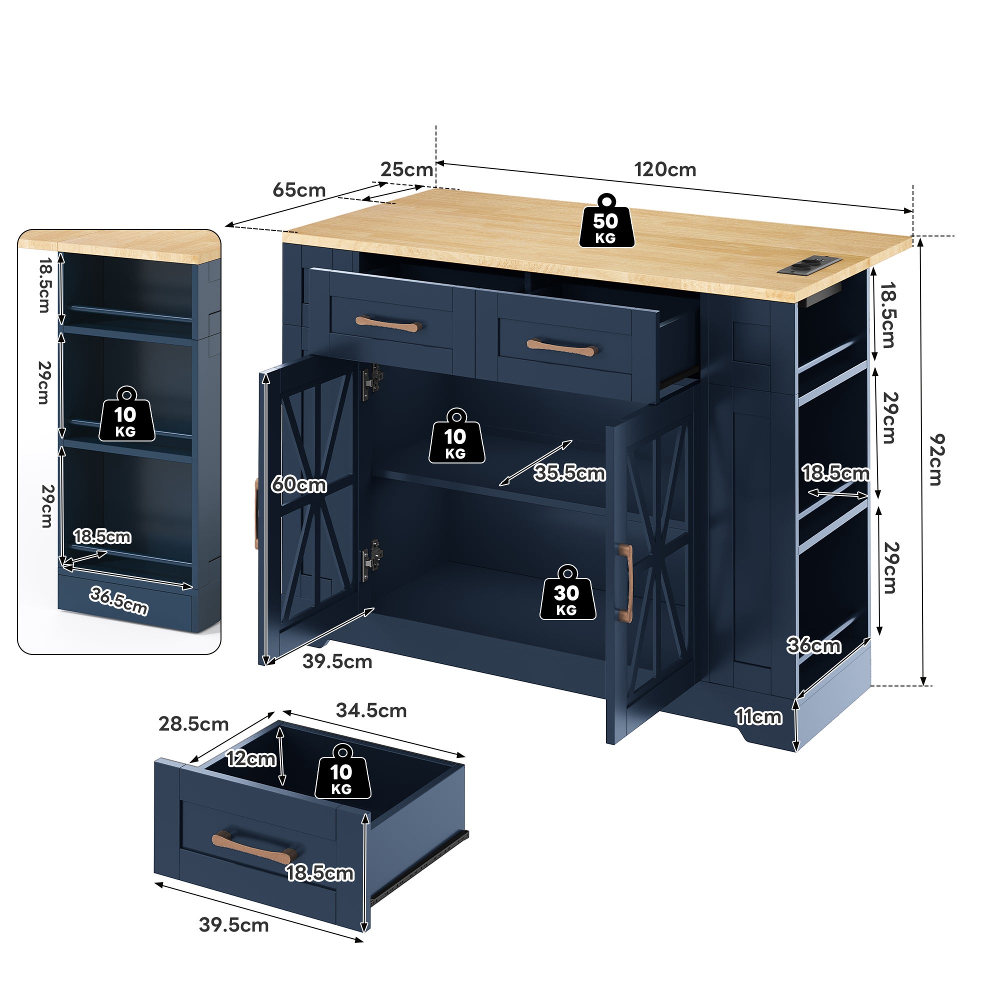 Mobilna wyspa kuchenna - z USB - rozkładany blat - 2 szuflady i 2 fronty - MDF - Niebieski - 4