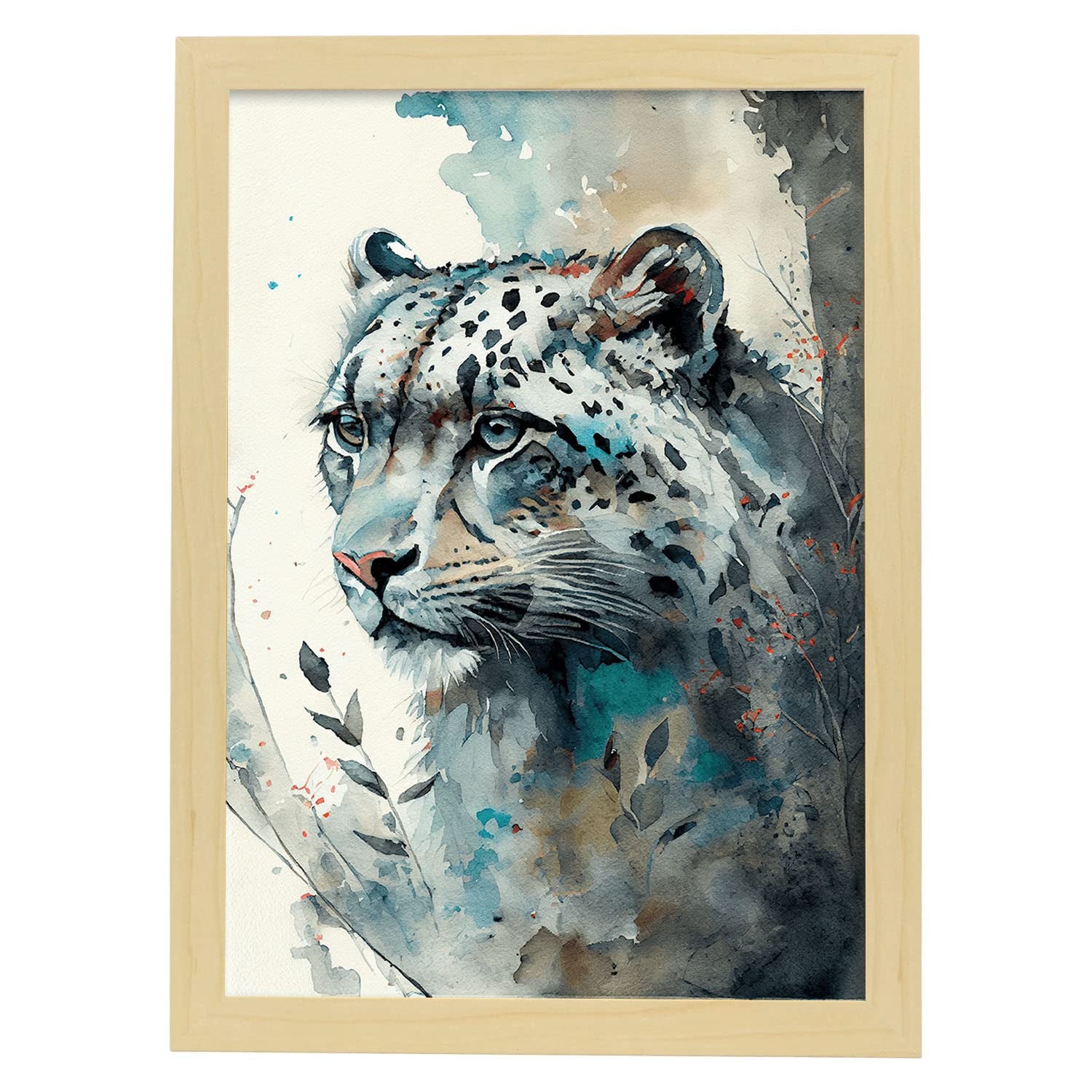Nacnic poster de leopardo blanco en estilo acuarela ilustraciones a todo color de animales salvajes en la naturaleza y a3 con marco de madera clara