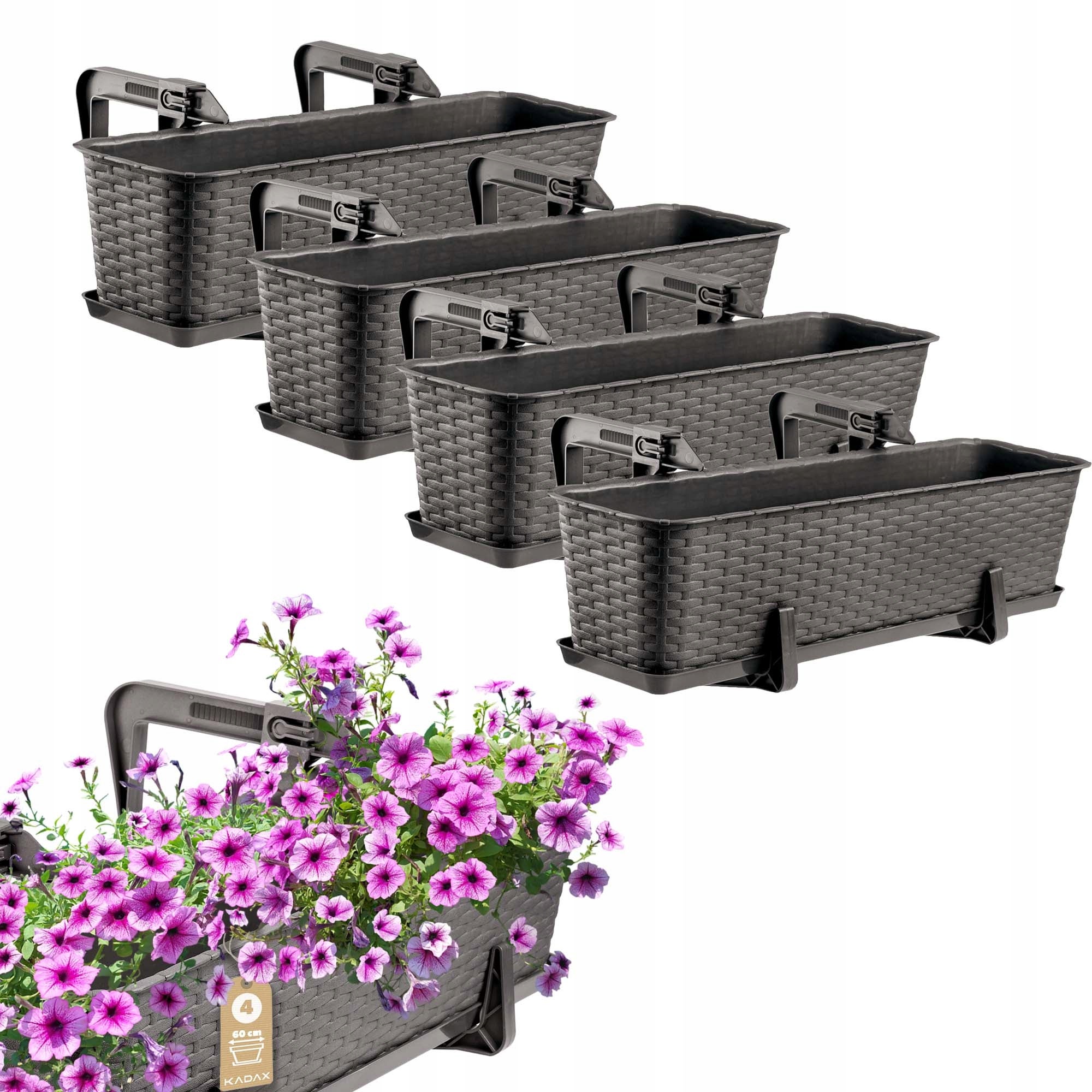 4x SKRZYNKA BALKONOWA 60 cm DONICZKA RATTAN SKRZYNKI UCHWYTY PODSTAWKA BRĄZ