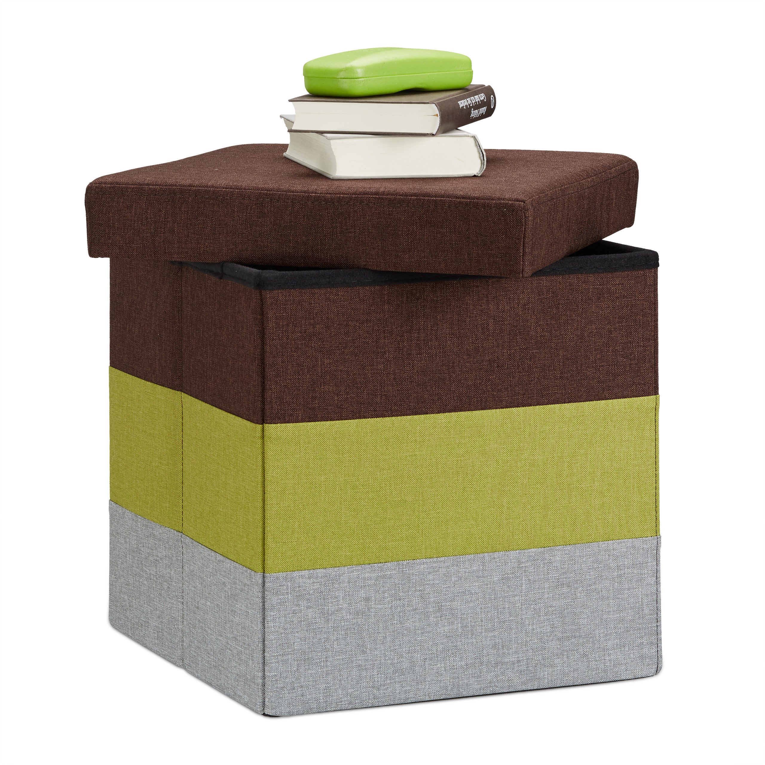 Relaxdays Tabouret cube carré pliant coffre de rangement pliable pouf rayé tricolore HxlxP: 38 x 38 x 38 cm, bleu-blanc